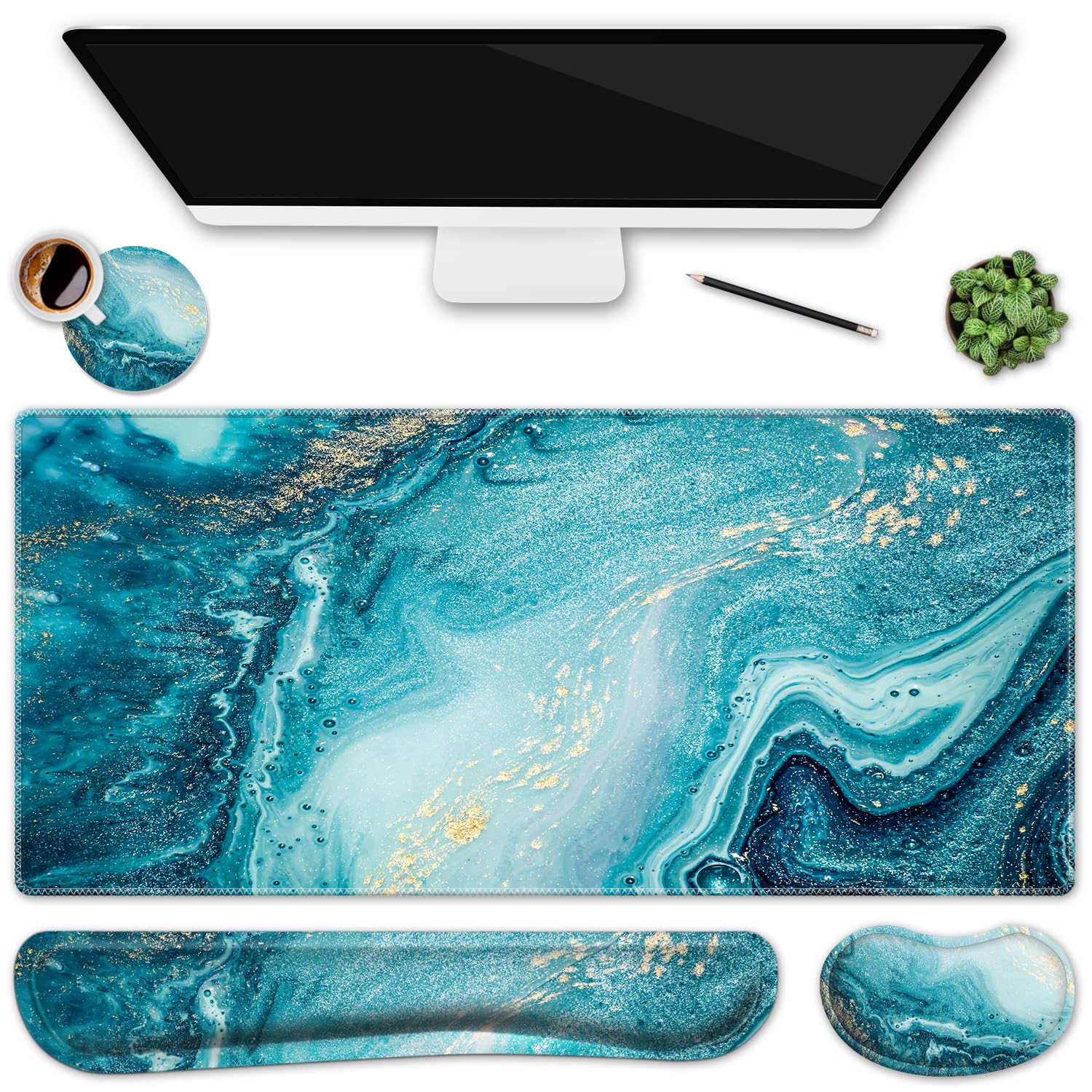 Set Tappetini Da Scrivania 4 In 1: Tappeto Grande 90x40cm, Poggiapolsi Per Tastiera E Mouse, Sottobicchiere - Ergonomico Con Memory Foam, Design Colorato