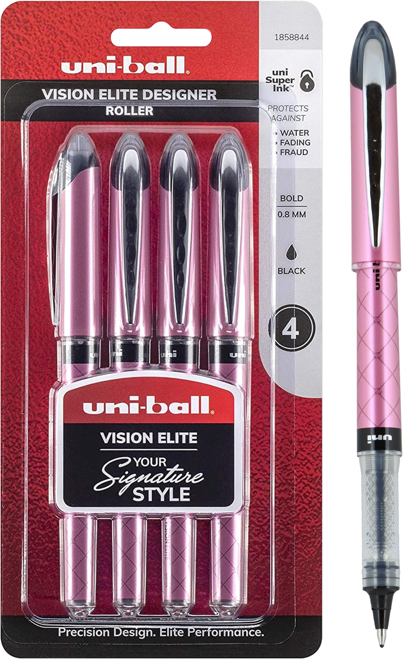 Uni-Ball Vision Elite Rollerball Pens, Black Pens 4-Pack - Stylish Bold Pens with 0.8mm Ink, Ink Black Pen, School Pens, Smooth Writing Pens, School and Office Supplies