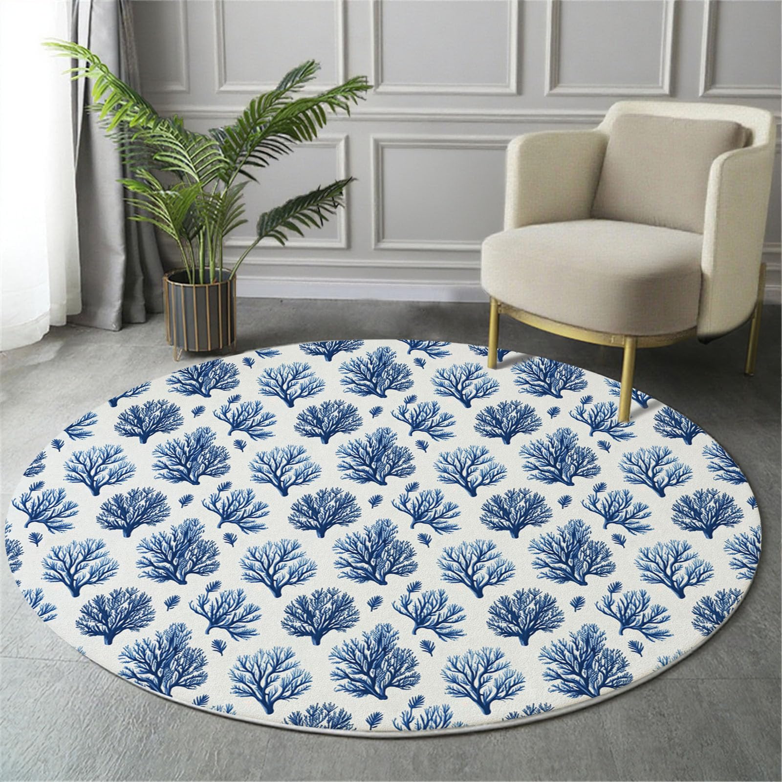 Tapis rond poil bas de qualité supérieure motif corail 80cm