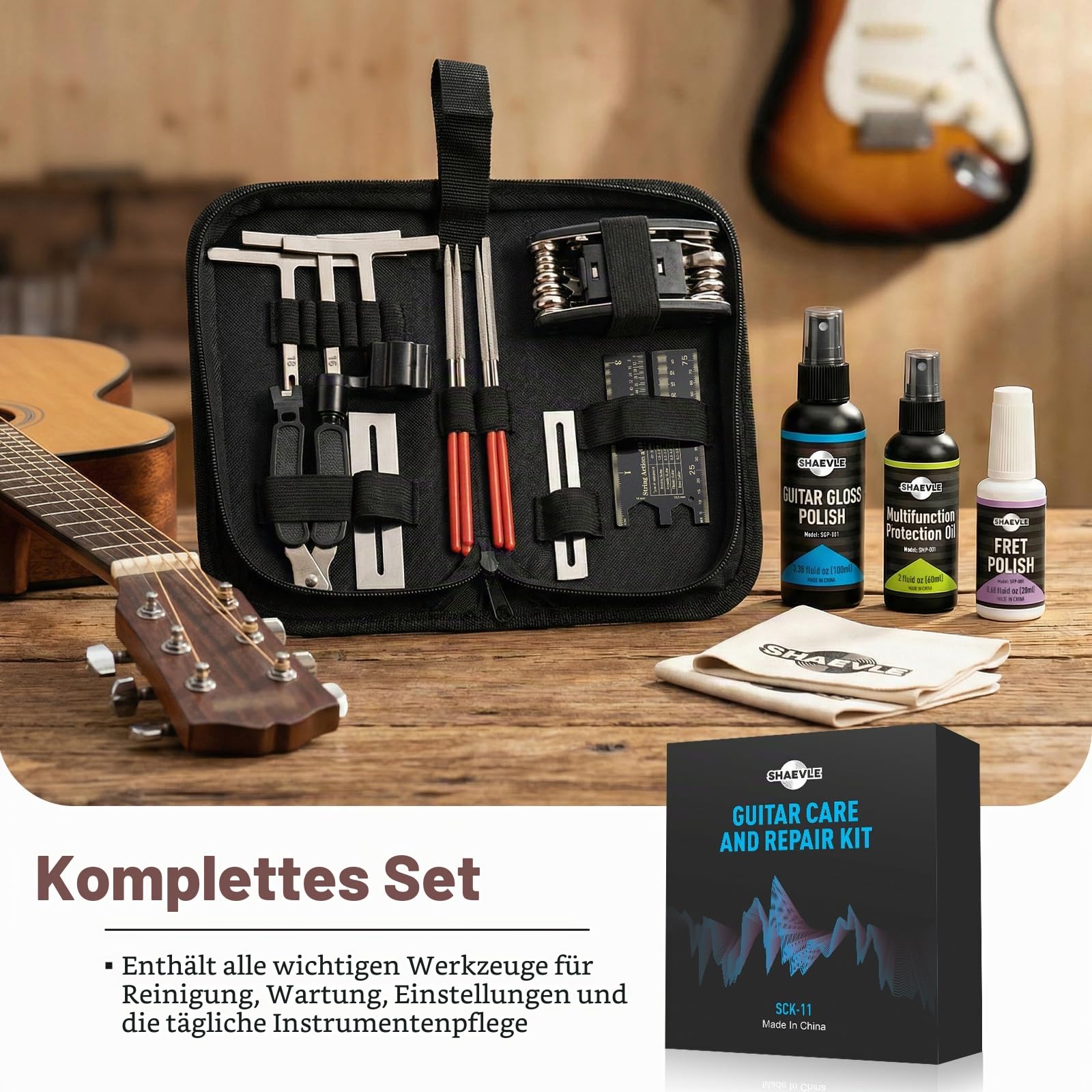 Gitarrenreiniger & Reparatur Set - Pflegeöl, Glanzwachs, Bundpolitur, Gitarren-Werkzeuge, Reinigungstuch, Tasche - All IN ONE Reinigung und Setup für Guitar Bass Ukulele