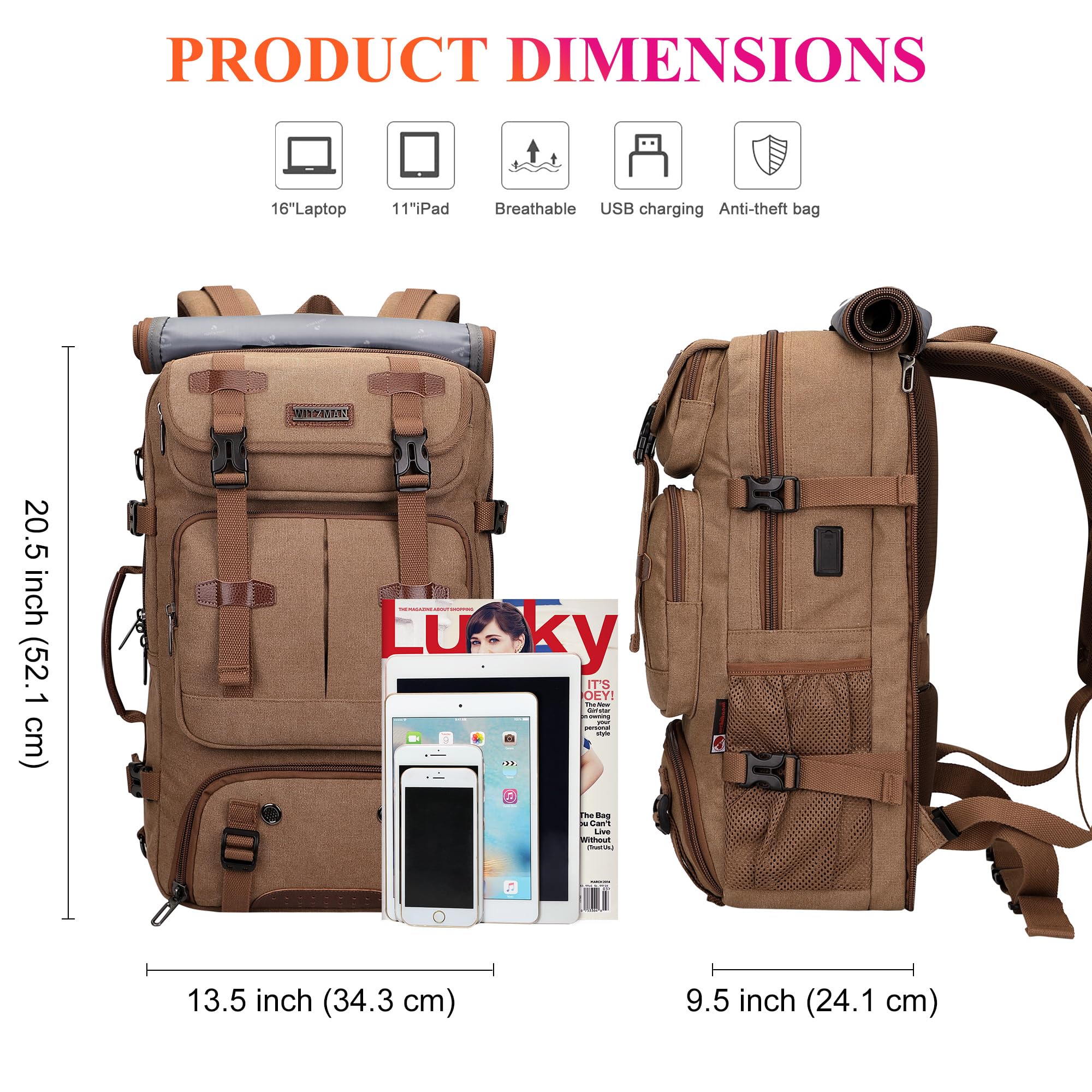 WITZMAN Sac à Dos de Voyage Homme Toile Vintage 40L Convertible 3-en-1 USB