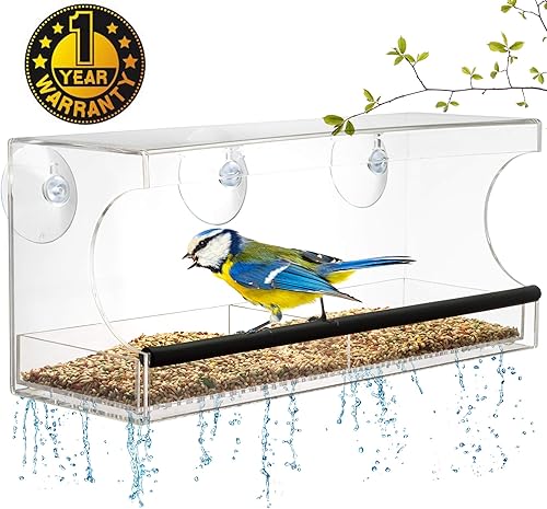 Miniatura 6 de Comedero transparente para pájaros, ventosas extrafuertes, bandeja de semillas extraíble con agujeros de drenaje para mantener las semillas secas,