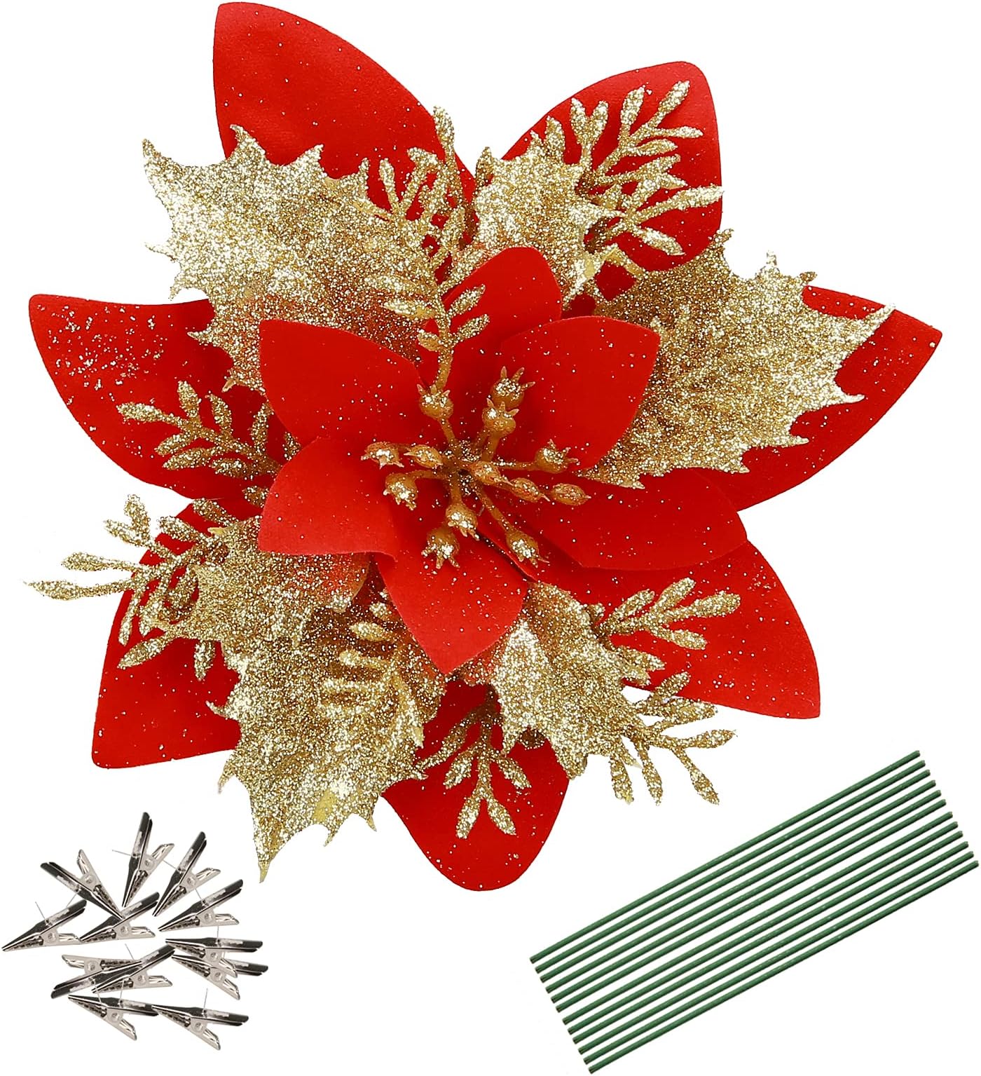 12PCS Glittery Poinsettia Christmas Flowers Artificial Poinsettia Flowers with Clips and Stems for Christmas New Year Wedding Party Wreath Stairs Window Garland Fireplace Floral Decor (Red and Gold)