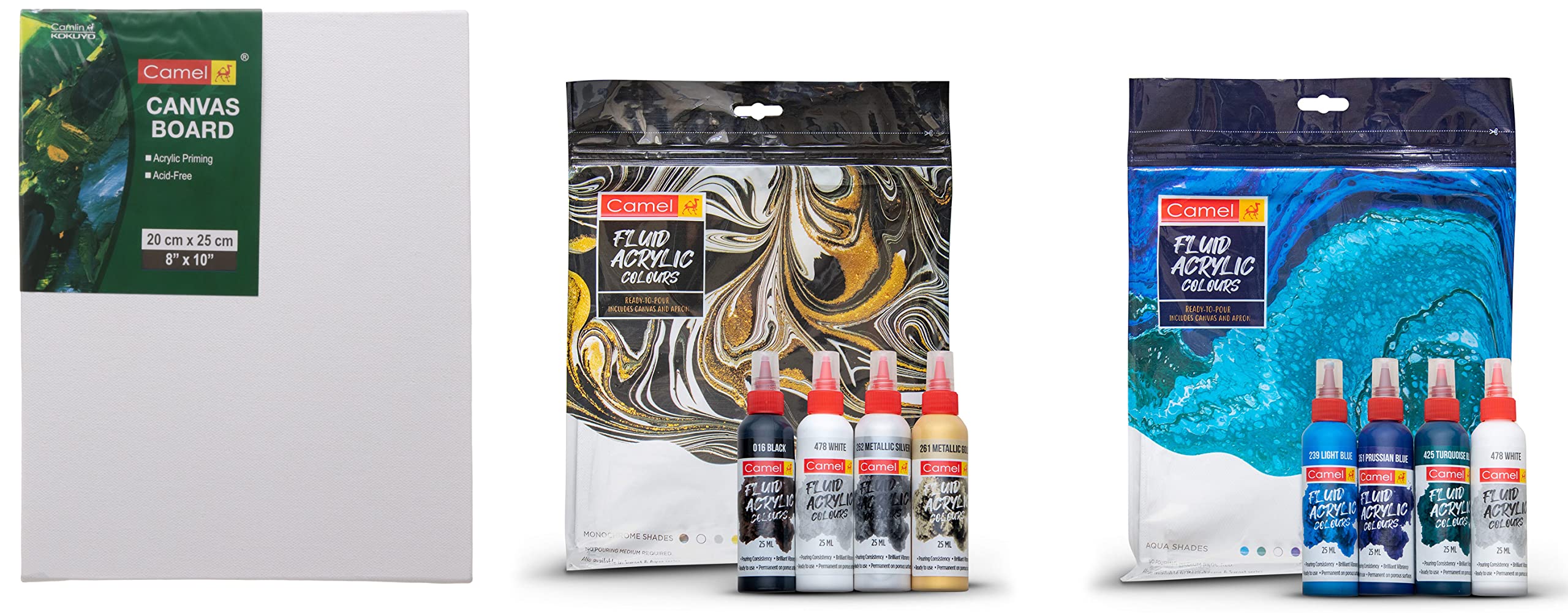 Camel Canvas Board - 20cm x 25cm & Camel Fluid Acrylic Kit - Aqua Series & Camel Fluid Acrylic Kit - Monochrome Series (B0B9RJ4M8X) Amazon Price History, Amazon Price Tracker