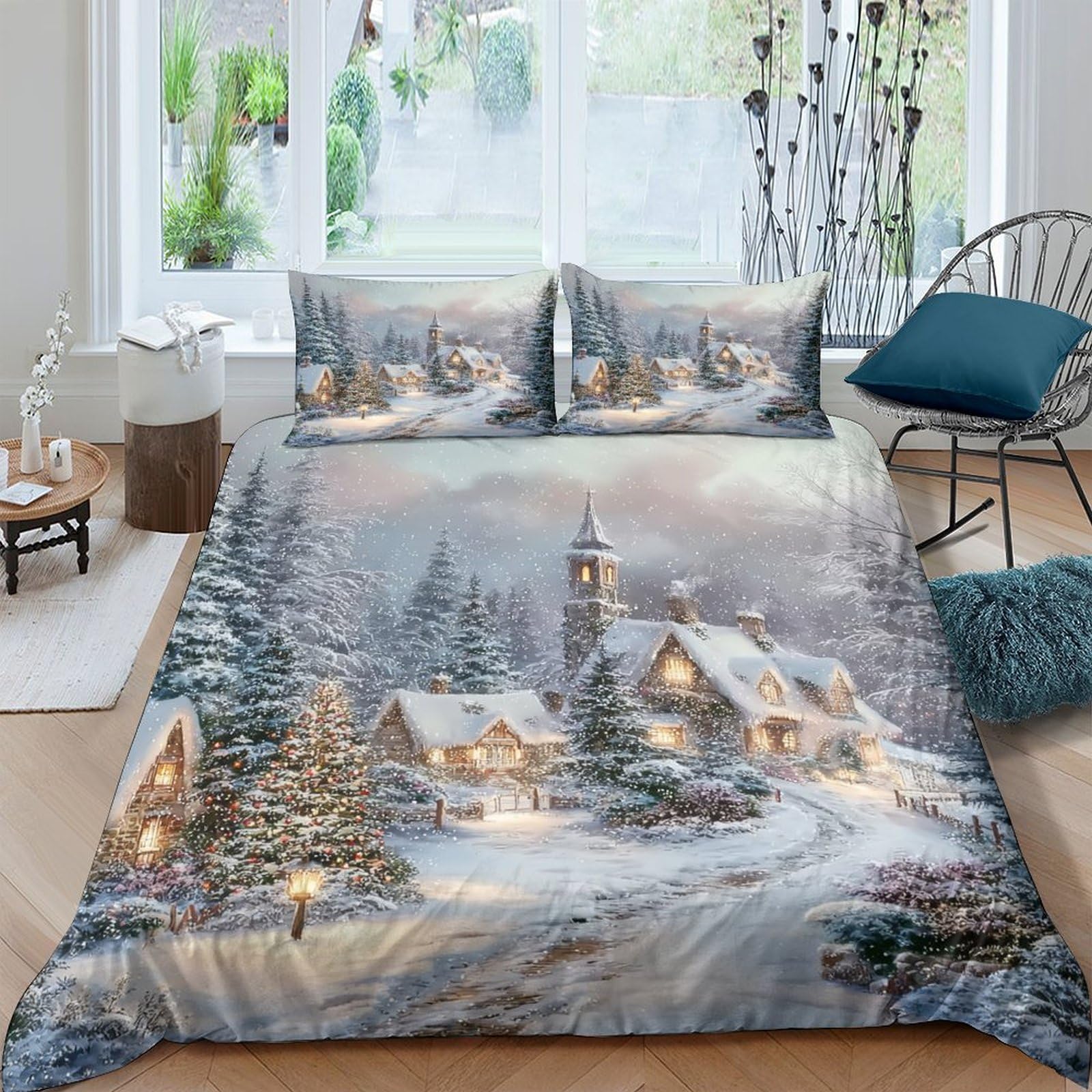 Ctjqhvkz Style-4 3D Printed Winter Village Fitted Sheet Microfiber Soft Blue Snowy Night Mattress Cover Christmas Decor For Bedroom Guest Room Single（135X200cm）