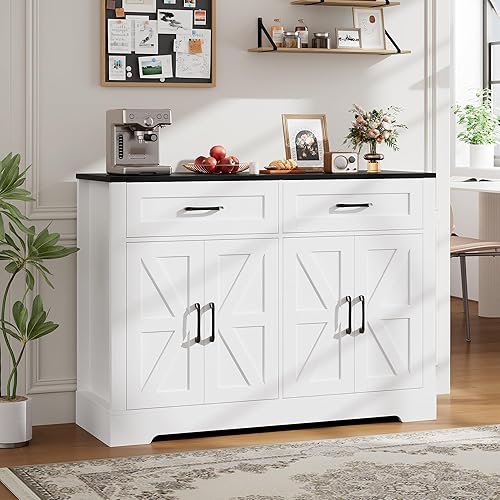 Miniatura 10 de Aparador buffet con almacenamiento, mesa de buffet de cocina de granja con cajones, barra de café con puertas de granero para comedor, pasillo,