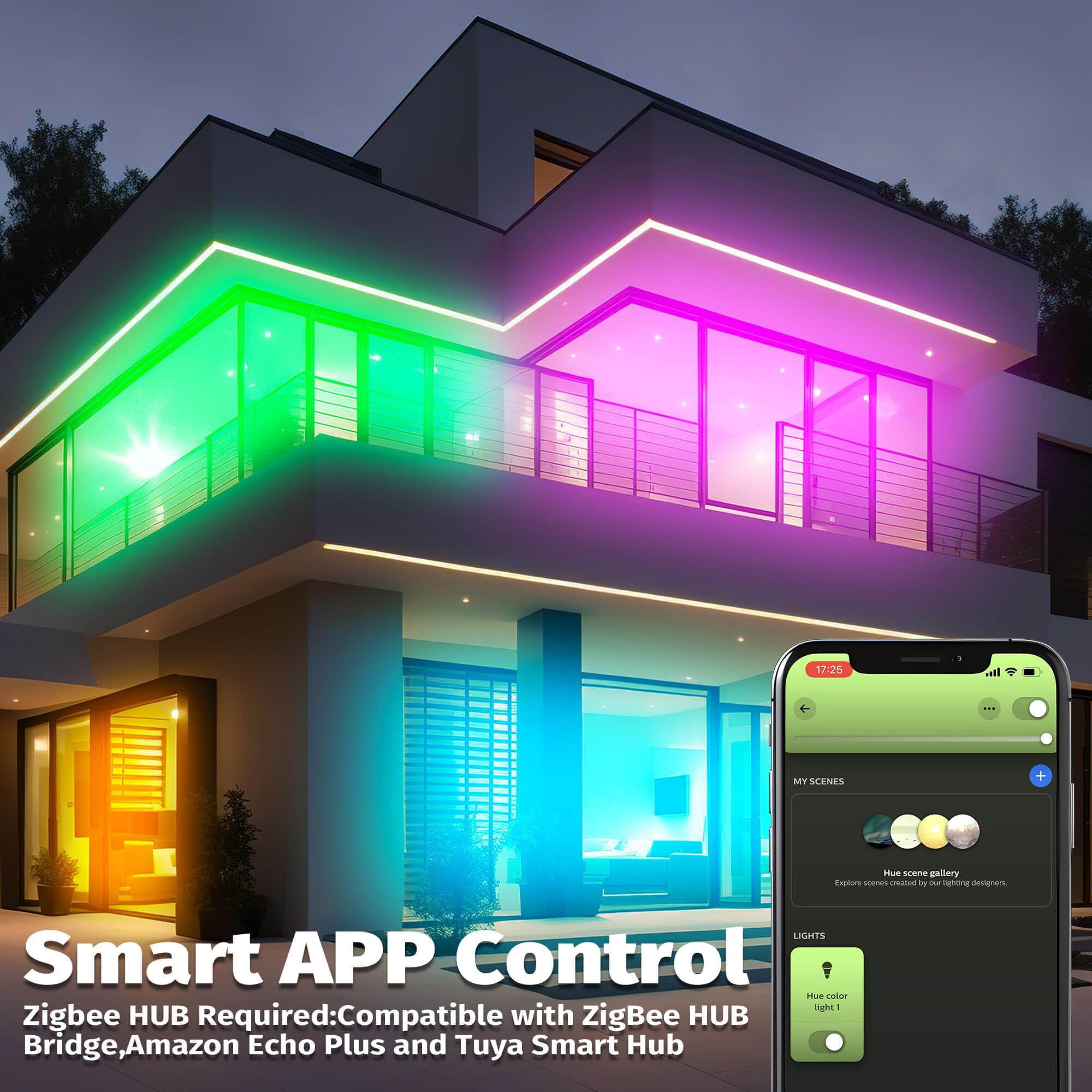 GIDEALED 32.8ft Smart ZigBee RGB COB LED Strip Light 24V Kit,Require ZigBee 3.0 Hub Bridge,Support Hub APP/Alexa Echo Plus Voice Control Flexible LED COB Light Strip Dimmable,Color Changing RGB FCOB