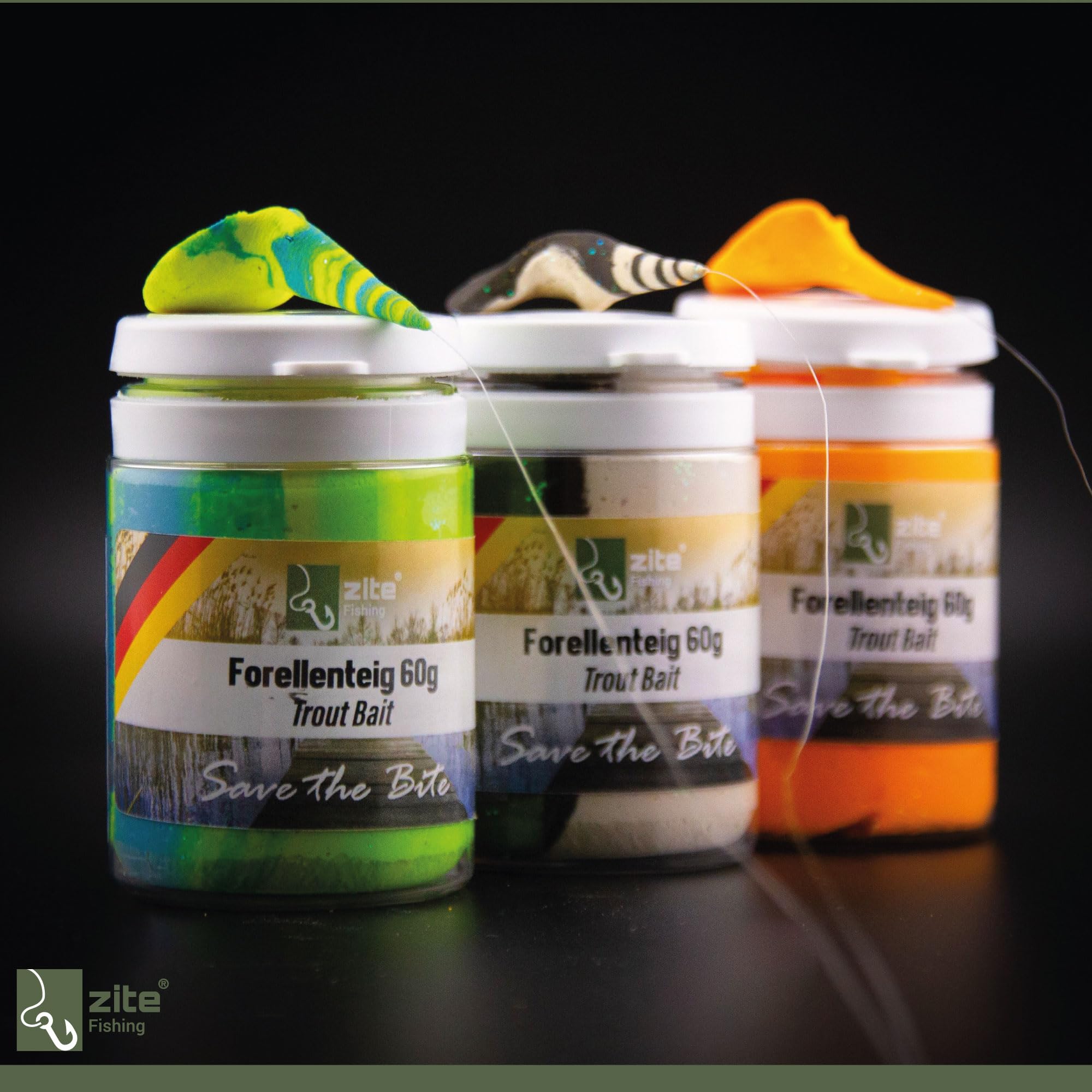 Zite Fishing Lot de 6 pâtes à truite – Pâte de pêche avec paillettes, arômes spéciaux et couleurs – 6 x 60 g Pâte à pêche avec ail, réglisse, fraise et crabe