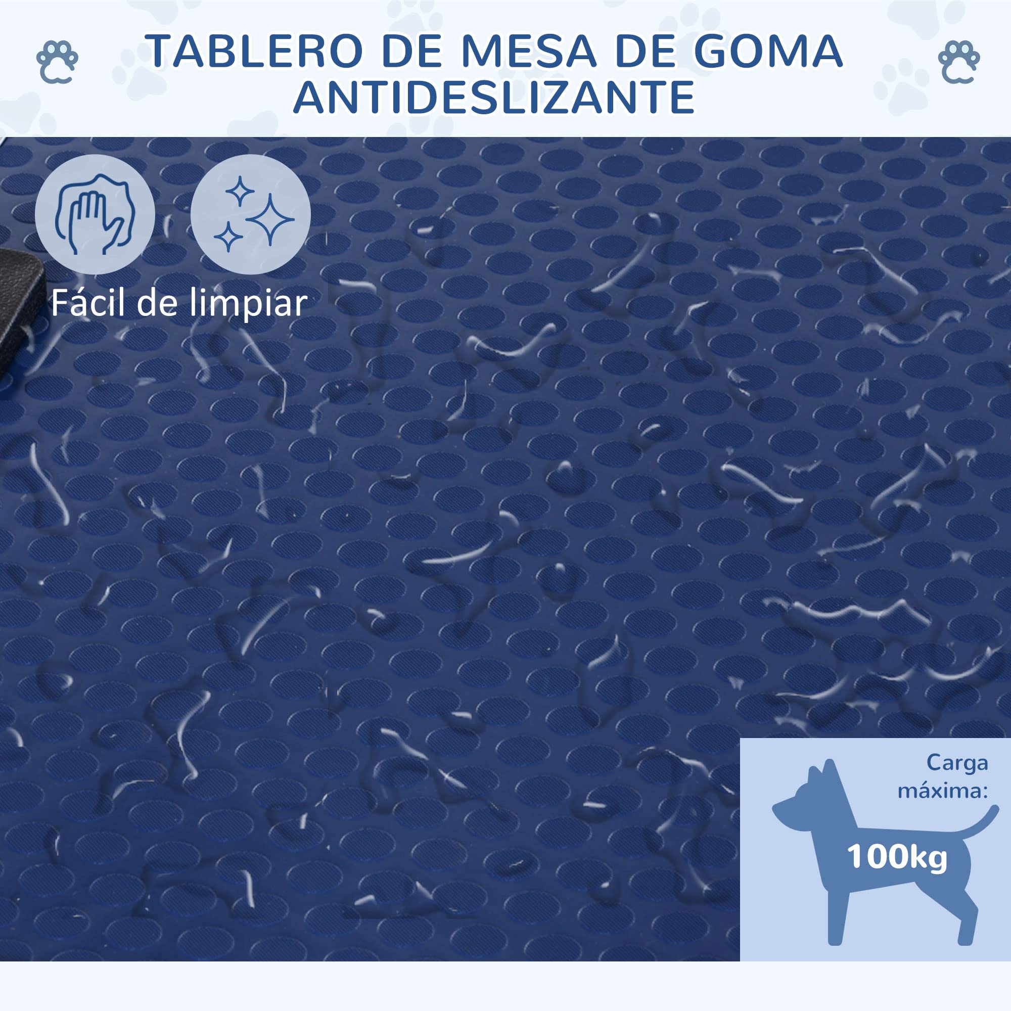 PawHut Mesa de Peluquería Canina Plegable, Mesa de Aseo con Cesta de Rejilla Metálica, Encimera Antideslizante, Barra de Acero Inoxidable Ajustable, para Perros, Gatos, 107x60x164 cm, Azul