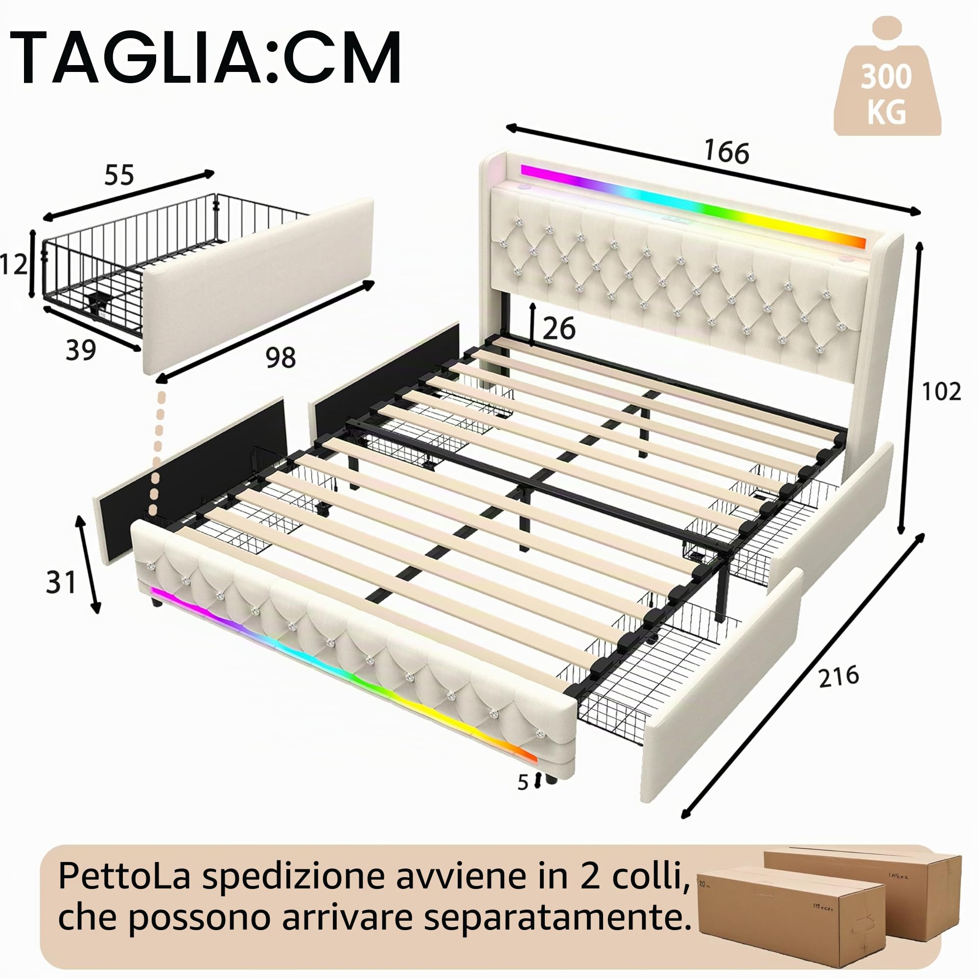Letto Imbottito Moderno con Illuminazione LED, Altoparlante Bluetooth, 4 Cassetti di Archiviazion, Tessuto in Velluto con Ricarica USB/Type-C,160x200 cm, Beige