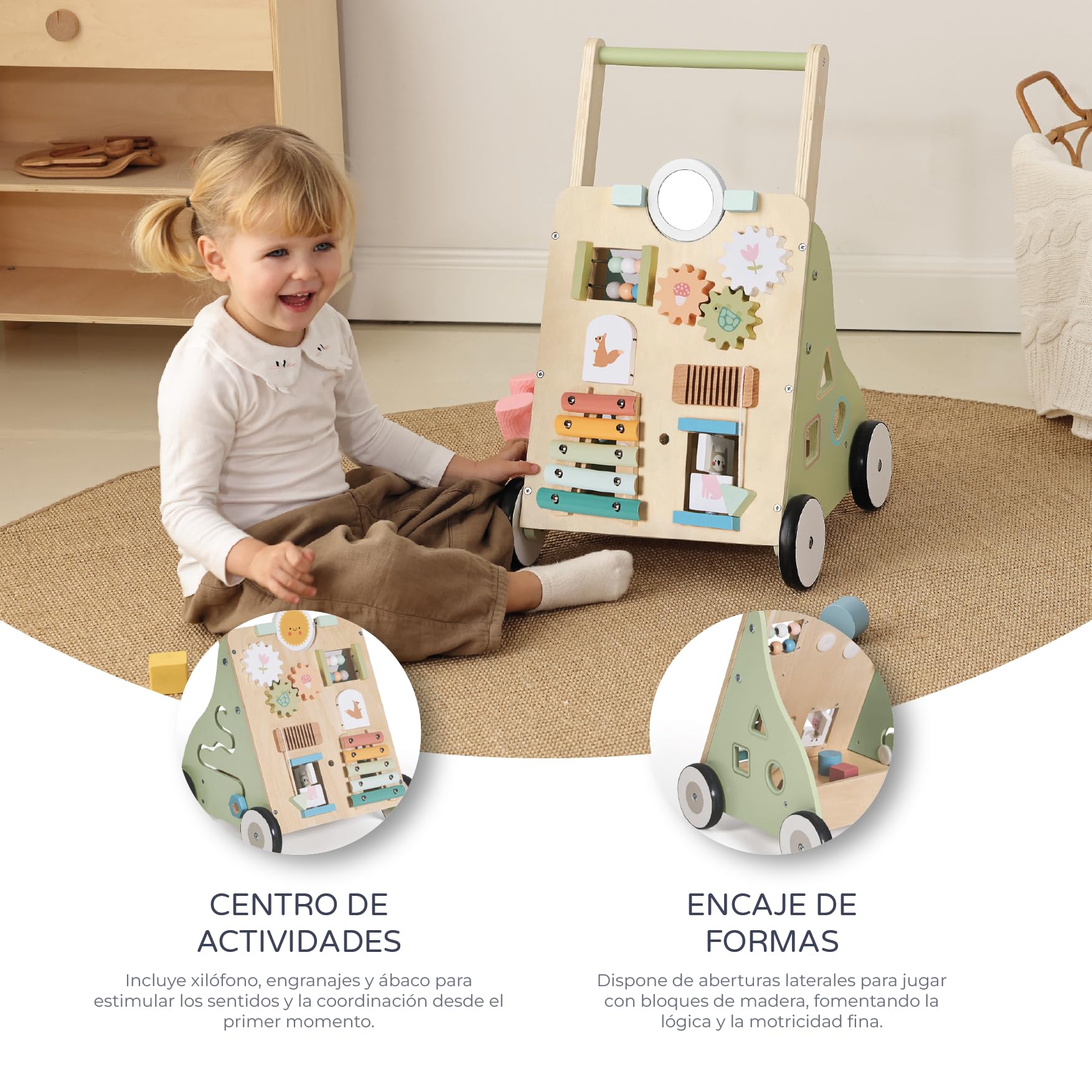 MS BabyWorld – Montessori Maxi – Andador de Madera para Bebé | Correpasillos con Juguetes y Actividades | Para Primeros Pasos | Desde +12 Meses