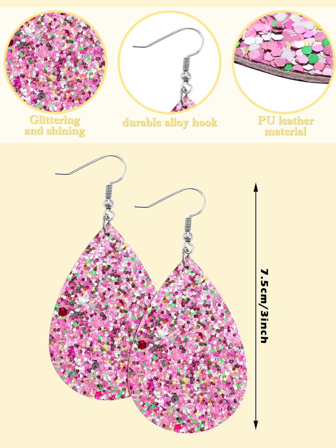Hicarer 20 Pairs Christmas Glitter Teardrop Earrings Bulk Colorful Faux Leather Dangle Earrings for Women Birthday Gift Fashion Jewelry - Image 3