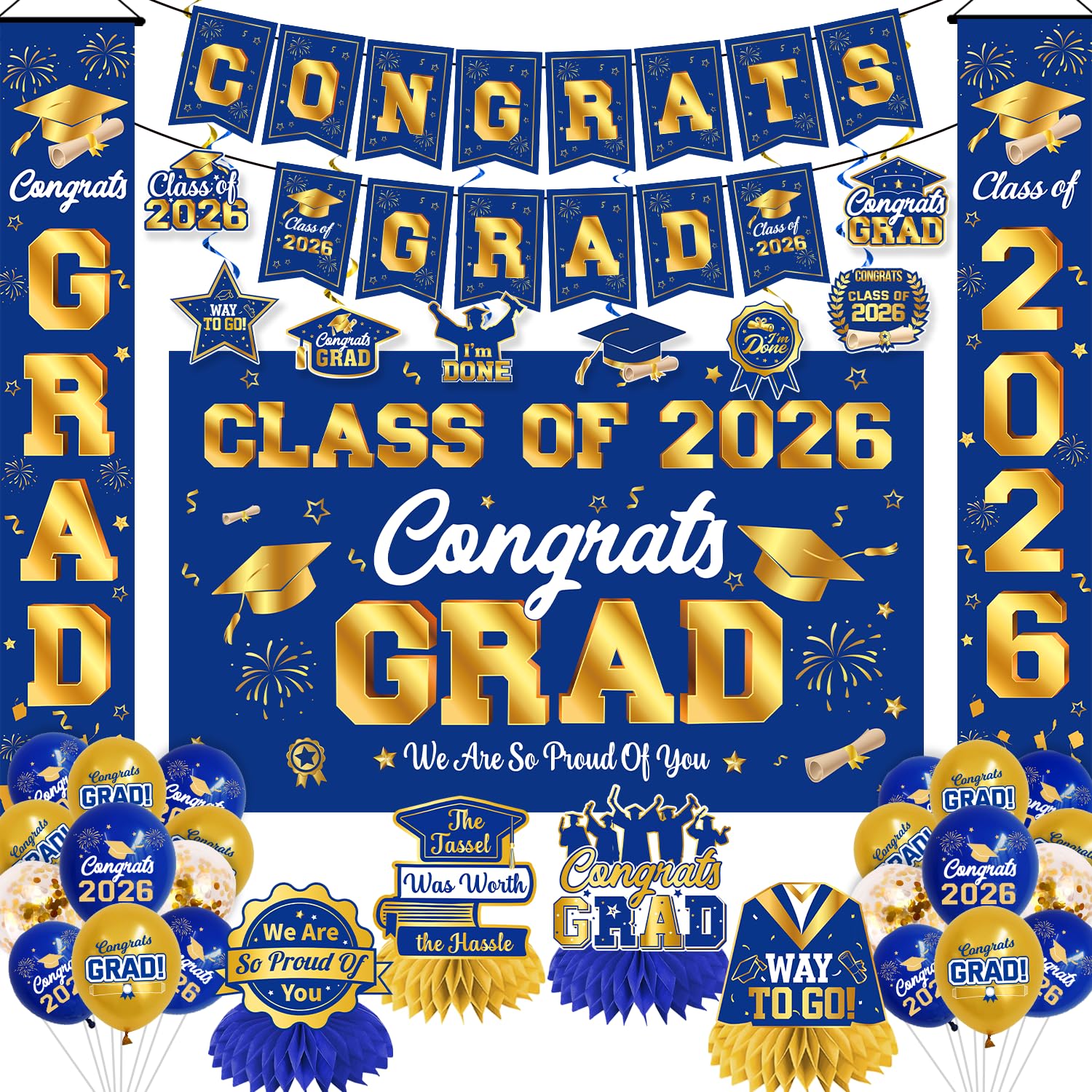 Graduation Decorations 2026 Blue and Gold Graduation Party Decor Set include Congrats Grad Banner Backdrop Class of 2026 Balloons Party Supplies