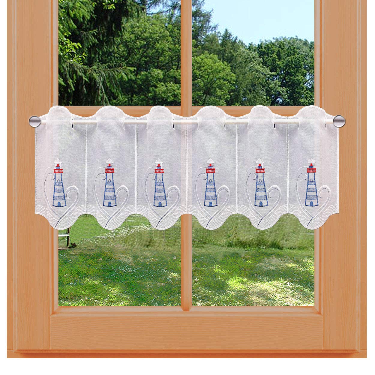Maritime Scheibengardine Leuchturm mit Urlaubsmotiv Echte Vogtländischer Spitze Badgardine 30 x 160 cm