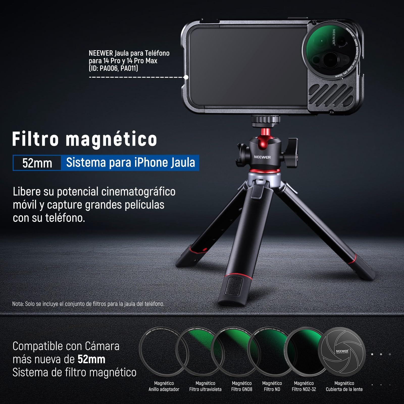 NEEWER Kit Filtro Magnético 52mm con Anillo Adaptador/Estrella de 4 Puntos/True Color CPL/Black Diffusion 1/4 Compatible con SmallRig NEEWER Jaula con Montura de Lente M para iPhone 14 13 12 Series
