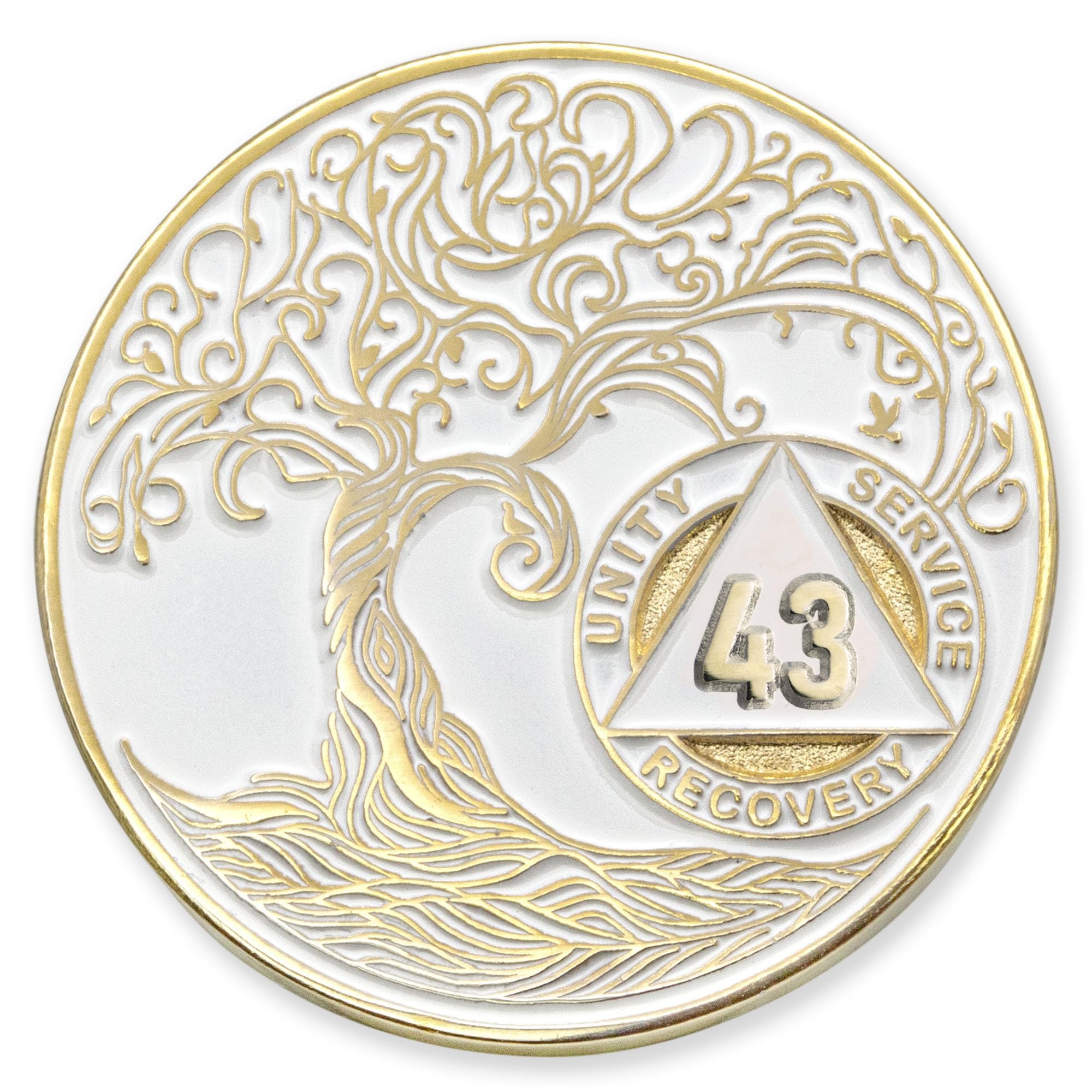 1 to 50 Year Twisted Tree of Life Sobriety Coin - Gold Plated AA Chips &amp; Medallions - 43 Year Sobriety Coin - White