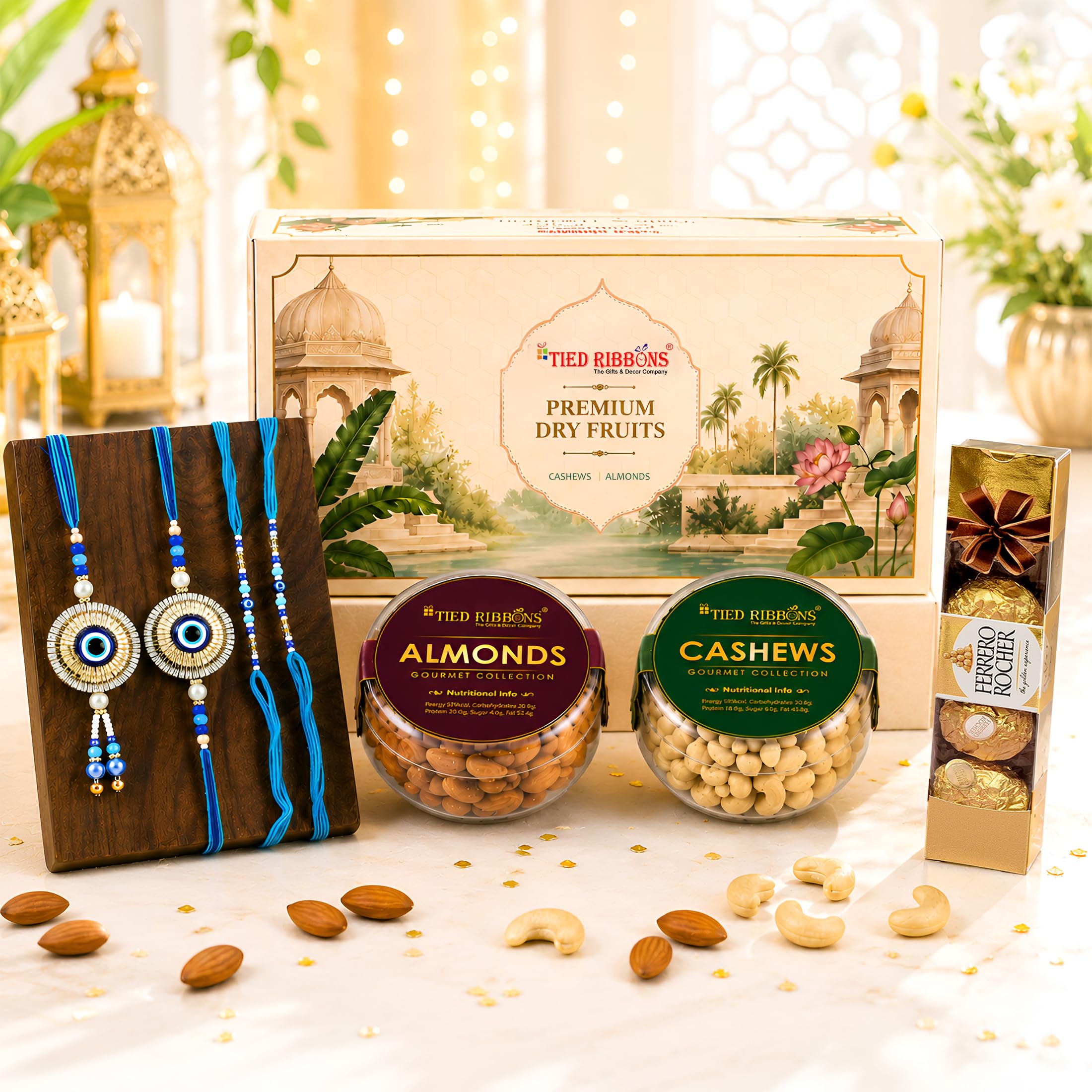 TIED RIBBONS Rakhi for Brother and Bhabhi Kids with Chocolate and Dry Fruit Gift Hamper - Evil Eye Family Rakhi Set of 4 with Rocher Chocolates and Dryfruits Almonds Cashew - Rakhi Gift for Bhaiya Bhabhi Set-image-17