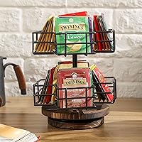Vista 3 de MyGift 8 Compartment Tea Bag Organizer Carousel, Black Metal Wire Packet Holder and 360 Degree Spinning Burnt Solid Wood Base, Coffee Station Madera