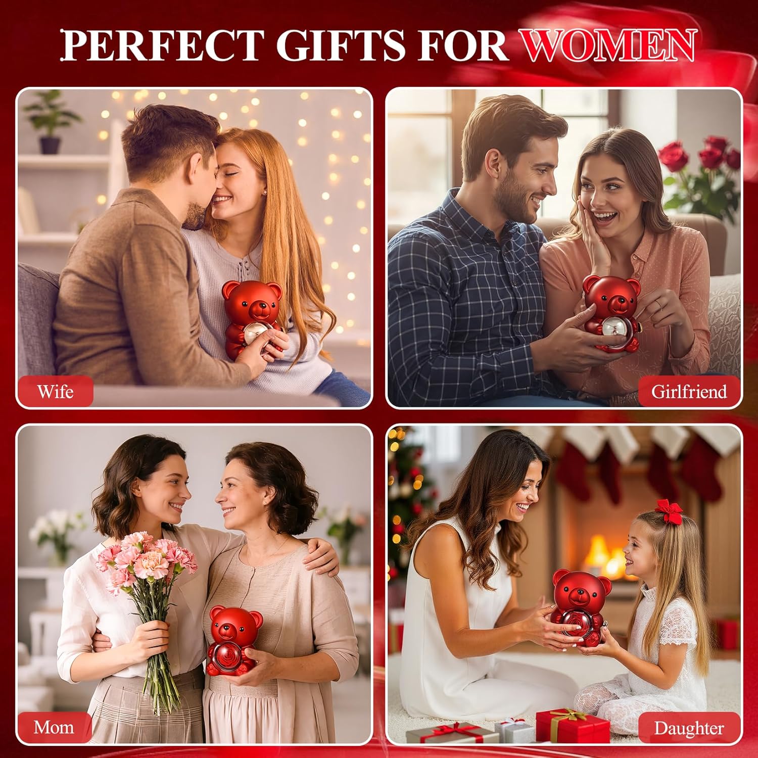 Cute Teddy Bear with Preserved Rose, Hidden Surprise Necklace Rotating Gift Box Valentines Day Gifts for Her, Romantic Eternal Rose Flowers for Birthday, Wedding, Anniversary, Mother’s Day - Image 7