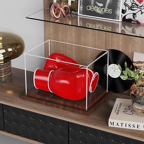 Miniatura 5 de Vitrina de guantes de boxeo con base de madera, caja de acrílico transparente para guantes de boxeo, guantes de béisbol, coleccionables deportivos,