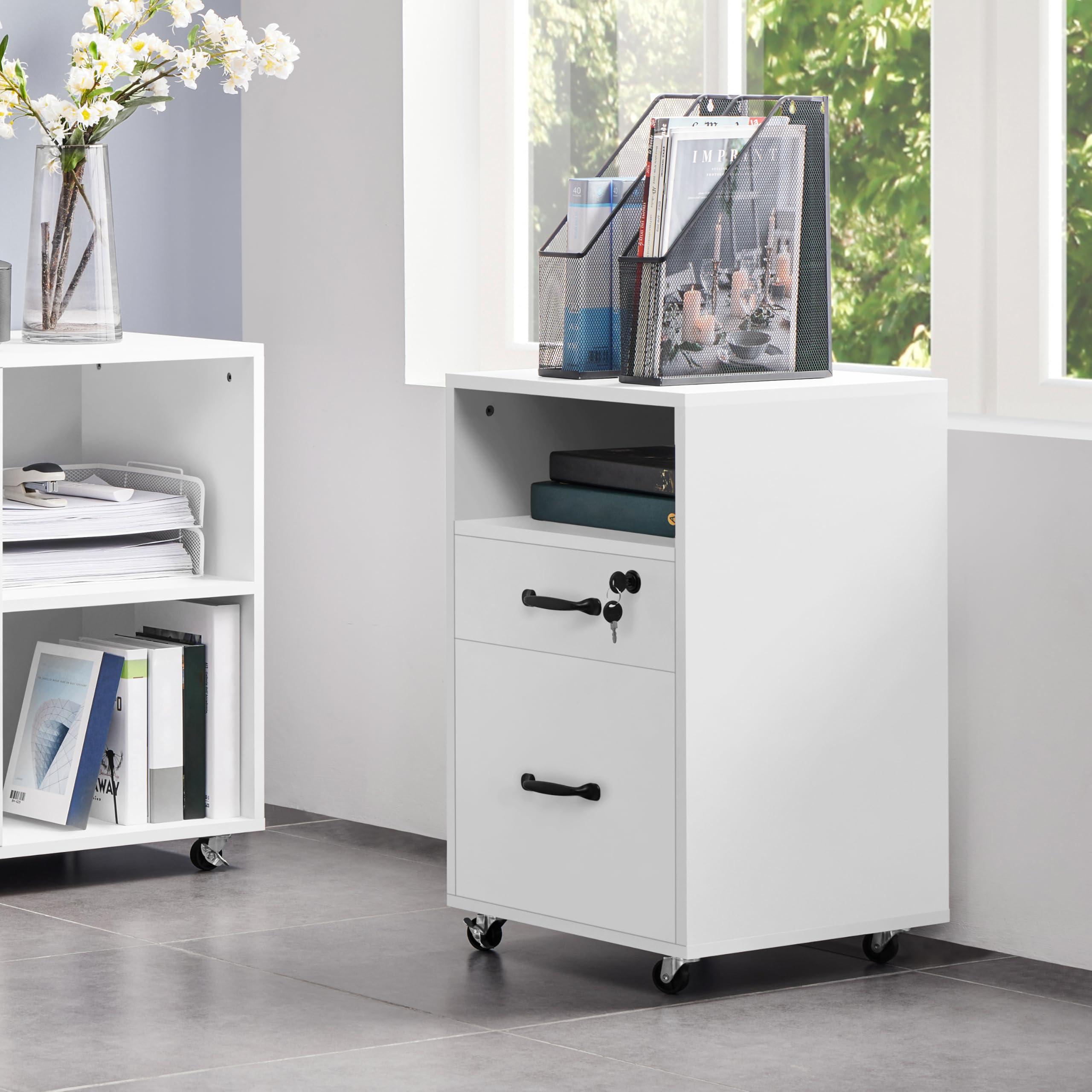 Yaheetech Armadietto da Ufficio e Studio Schedario da Archivio con 2 Cassetti e Ruote Mobile con Ripiano Aperto 40 x 40 x 65,5 cm Mobiletto Portadocumenti A4 Bianco