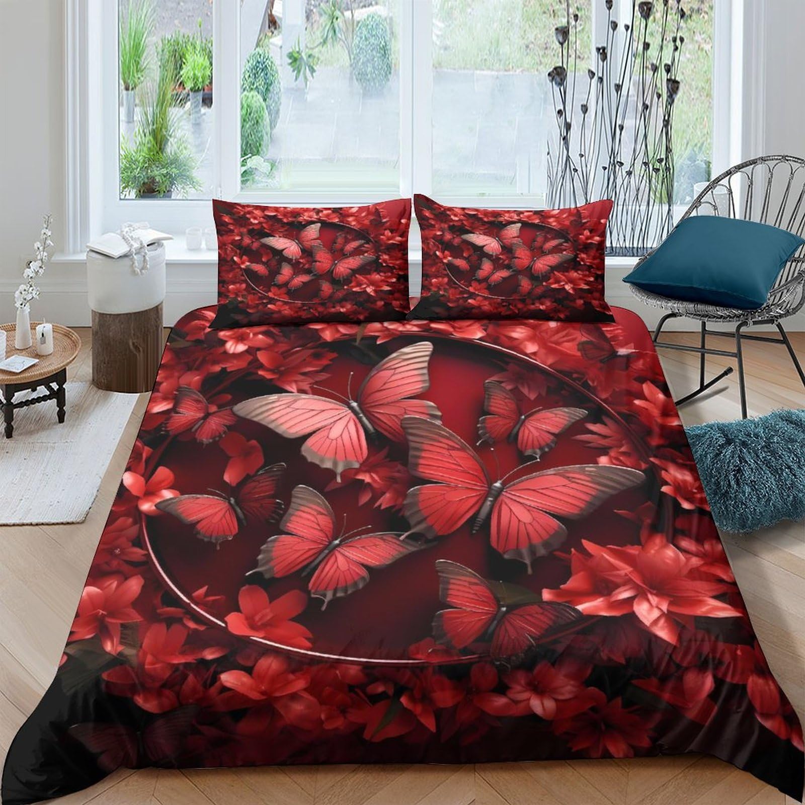 GPLZQXKJNH 3D Printed Red Butterfly Duvet Cover Microfiber Soft Breathable Floral Quilt Cover Set with 2 Pillowcases for Bedroom Decoration Single（135x200cm）