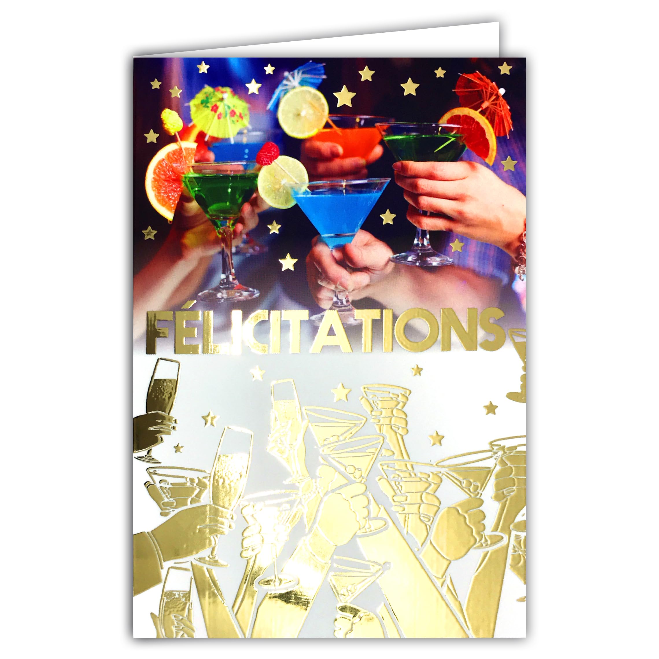 68-1199 Congratulations Card in Gold Shiny Gold Hands in the Air Glasses with Coloured Cocktails Champagne Flute Cups + White Envelope 12 x 17.5 cm – Made in France