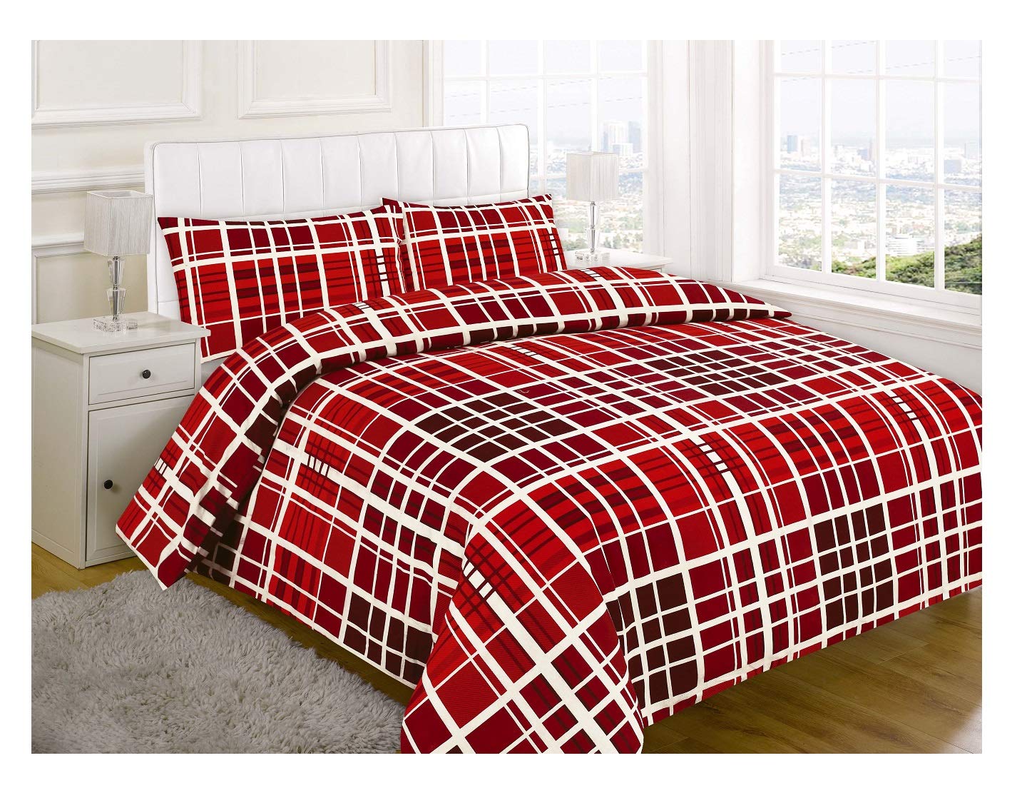 100% Brushed Cotton Red Check Design Flannelette Duvet Cover Quilt Winter Bedding Bed Sets with Pillowcases - King Size, Red
