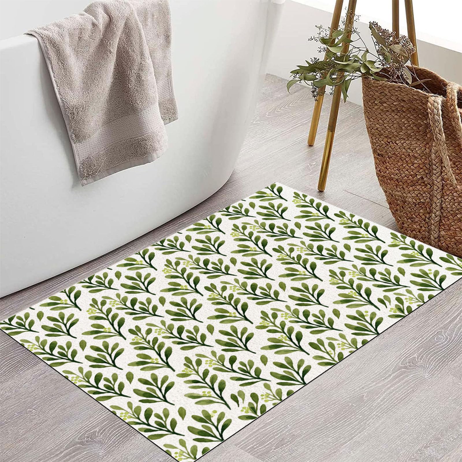 Tapis branches à feuilles simples 50x80cm, paillasson d'entrée lavable vert sauge