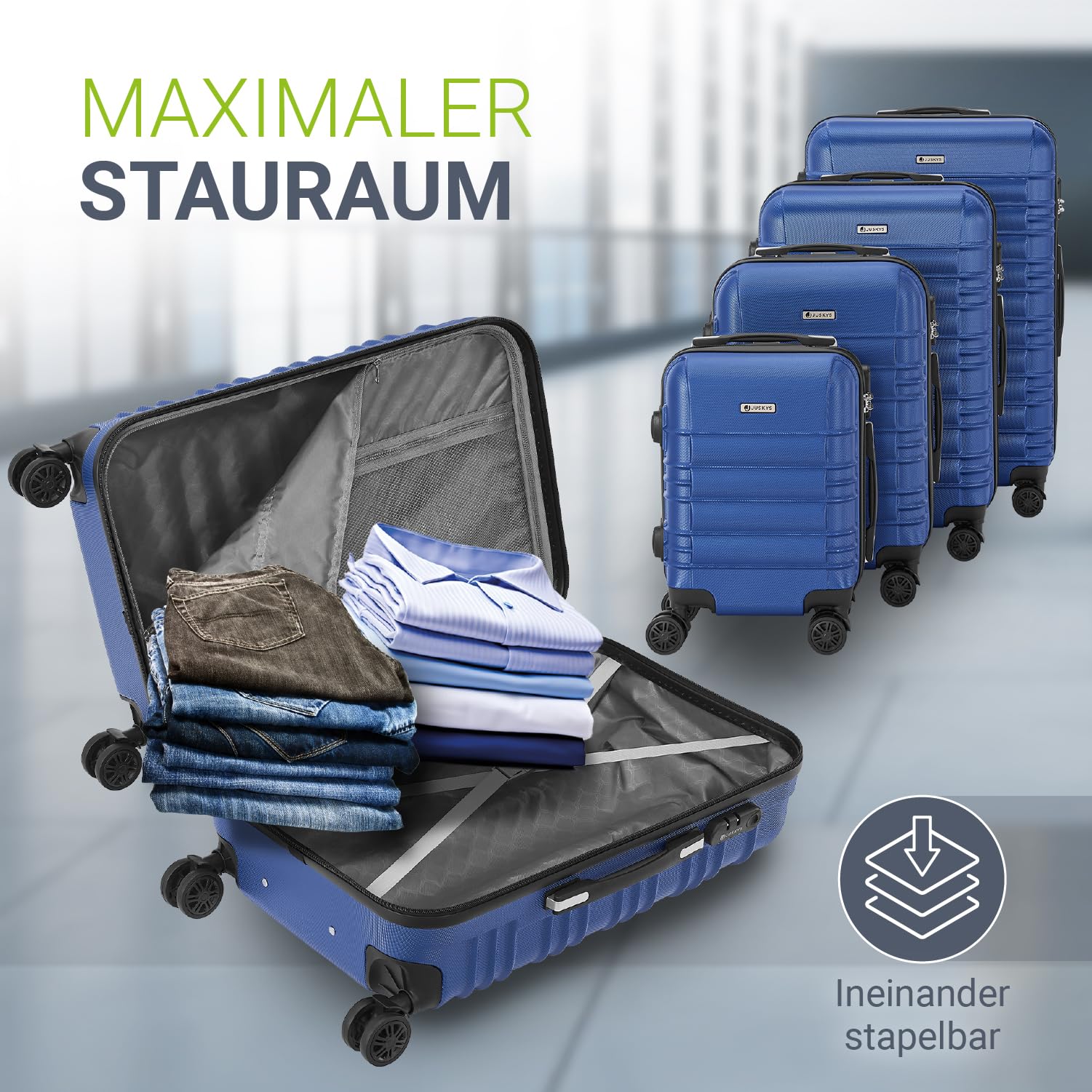 Juskys® Hartschale Kofferset Reisekoffer 4 teilig - Zahlenschloss, geräuscharme 360° Rollen groß, Teleskopgriff, leicht - Koffer in Blau