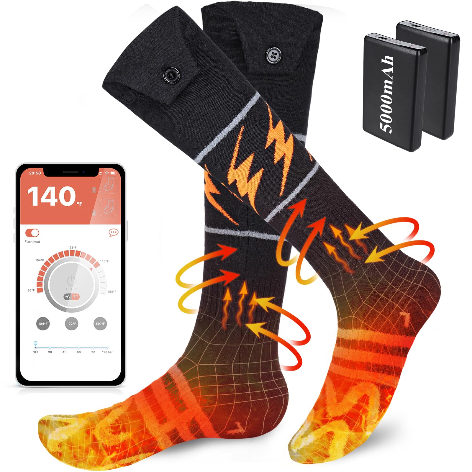 Heated Socks for Men Women, 5000mAh Rechargeable Heating Socks, APP Control Electric Thermal Socks for Hunting Skiing Camping (L)