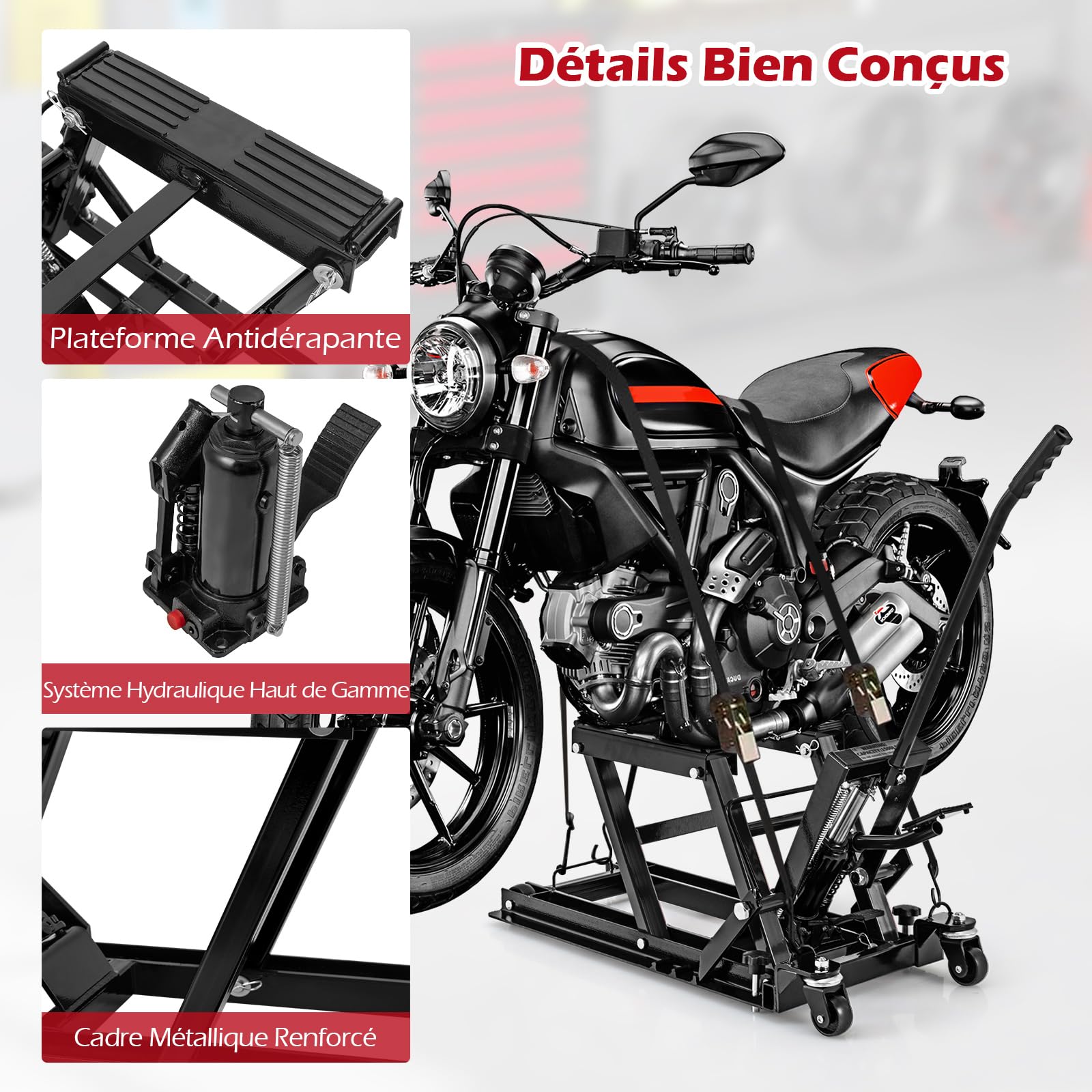 GOPLUS Cric Hydraulique Moto, Hauteure réglable 11-38cm & Charge 680KG, Pont Élévateur Hydraulique avec Repose-Pieds, Roues Verrouillable, Plate-Forme Antidérapant, (Noir)