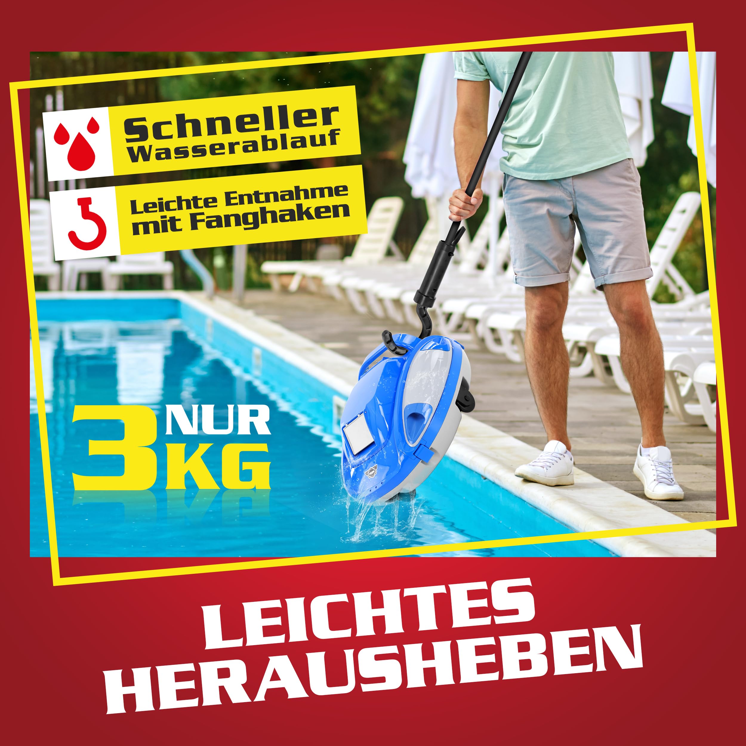 Hecht Poolroboter kabellos – 110 min Laufzeit, 5000 mAh - Akku Poolsauger & Poolreiniger für Boden & Wand bis 85 m², 1 klick Bedienung, leicht 3 kg, für jeden Pool geeignet | Unterwasser