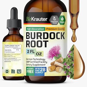 BIO KRAUTER Burdock Root - Liquid Drops Arctium Extract 650 mg per Serving 2 Fl.Oz 28-Day Supply - Pure Vegan Burdock for Natural Cleanse & Detox, Skin & Digestive Support - Alcohol & Sugar Free