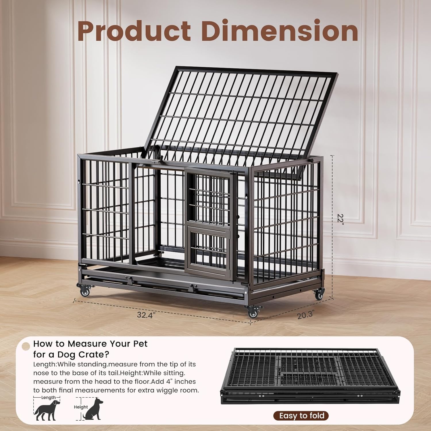 Gardner Pet 32 inch Stackable Heavy Duty Dog Crate,Indestructible Escape-Proof Dog Kennel for Small Dogs,High Anxiety Dog Cage with Upgraded Lockable Wheels，Removable Tray & Triple Door,Black