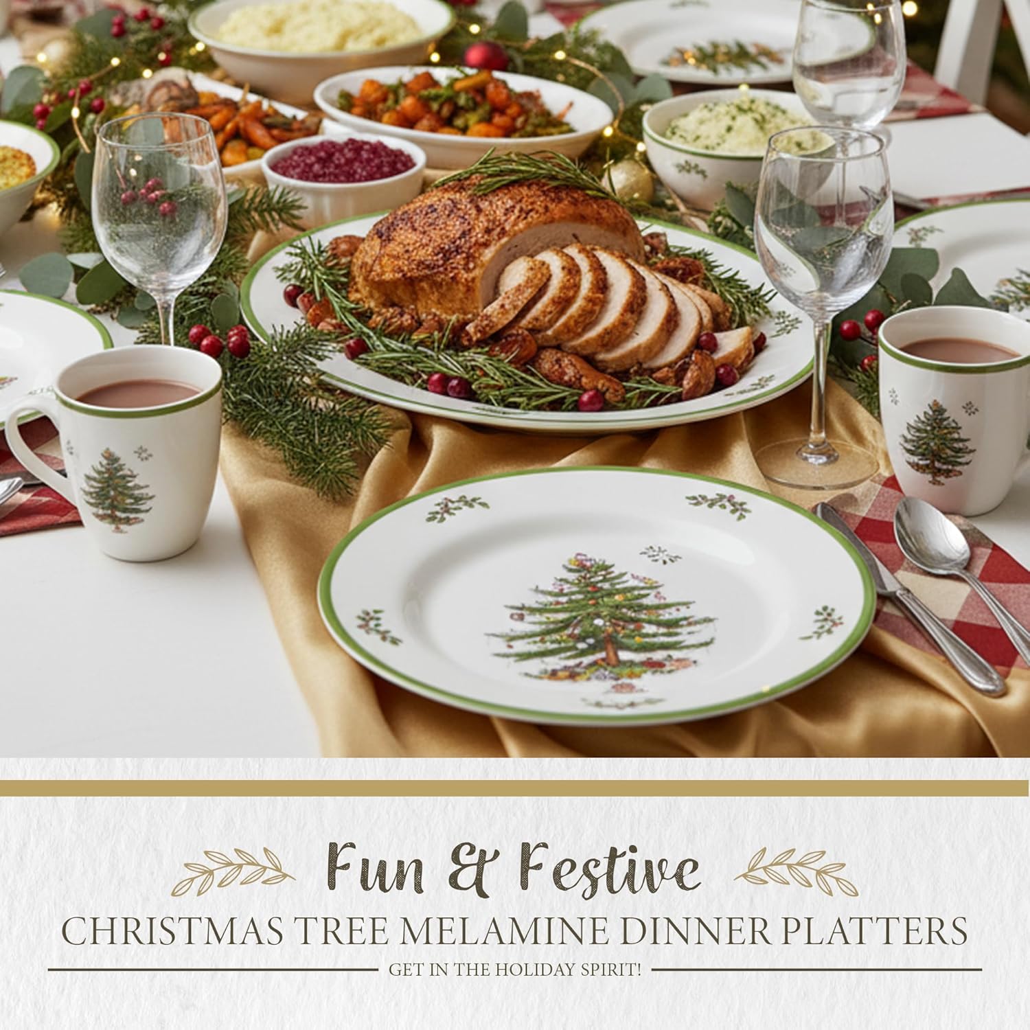 Spode Christmas Tree Melamine Dinner Plate (Set of 4) - 11 Inch Shatterproof Serving Plate for Holiday Meals, Holiday Party - Festive Tableware for Indoor & Outdoor Use, Dishwasher Safe Dinnerware
