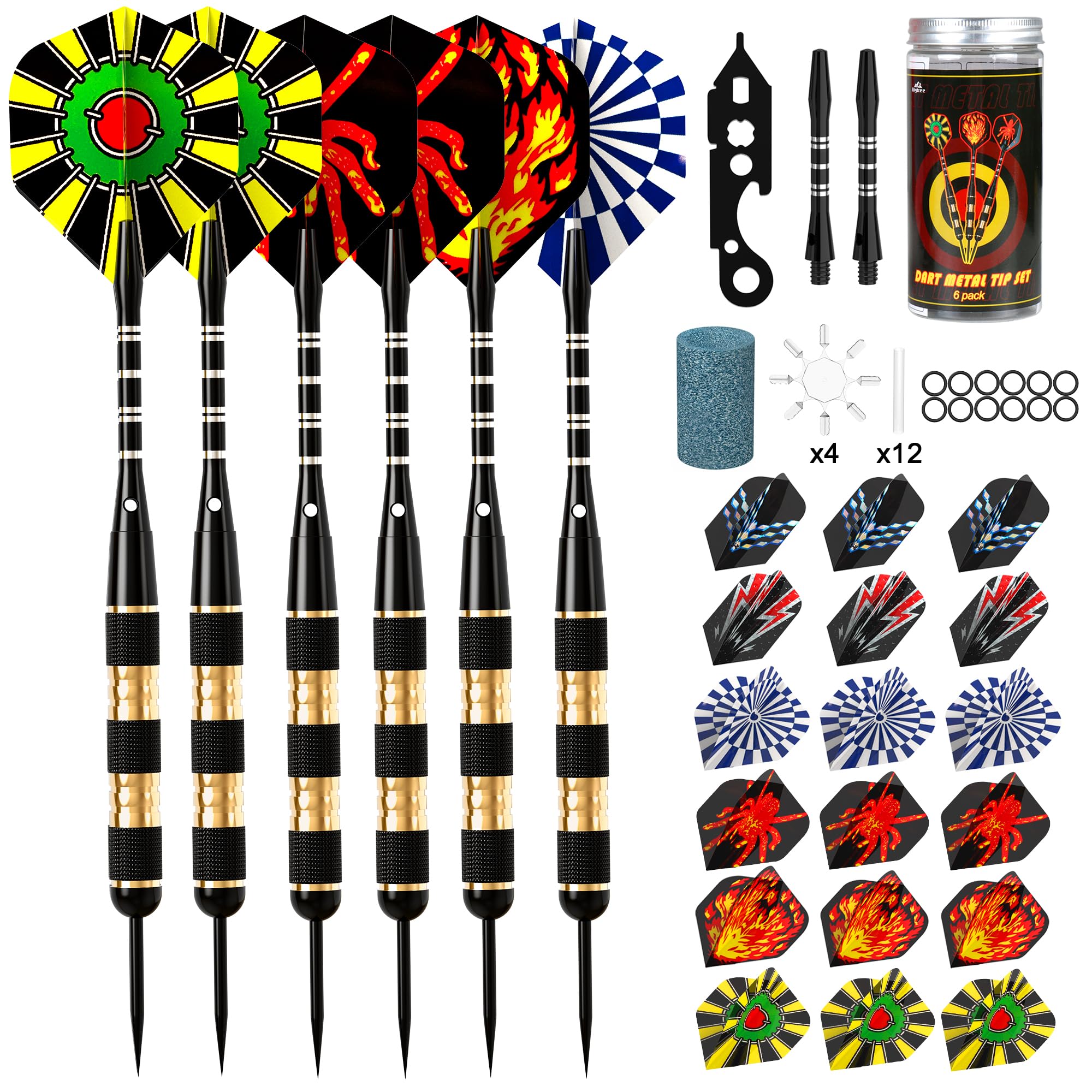 Alyoen Steel Tip Darts Steel Tip Set Professional Darts, 20/24/26Grams Metal Tipped Dart with Aluminium Shafts, Plastic Shafts, Flights, O'Rings, Spring Rings, Sharpener, Dart Accessories Kit, 6Pcs