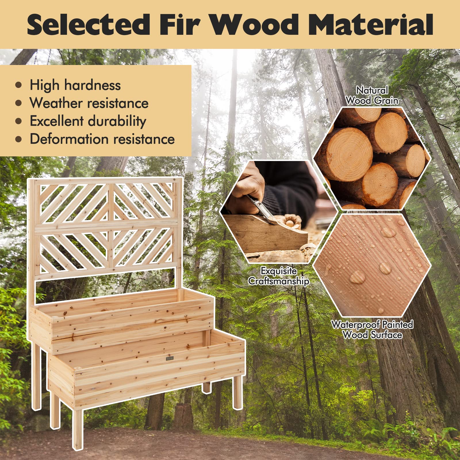 RELAX4LIFE Fioriera da Esterno in Legno a 2 Livelli con Grigliato e Fori di Drenaggio, Orto Rialzato per Balcone e Giardino, per Piante Rampicanti, Fiori e Verdure, 109×62×135cm (Naturale)