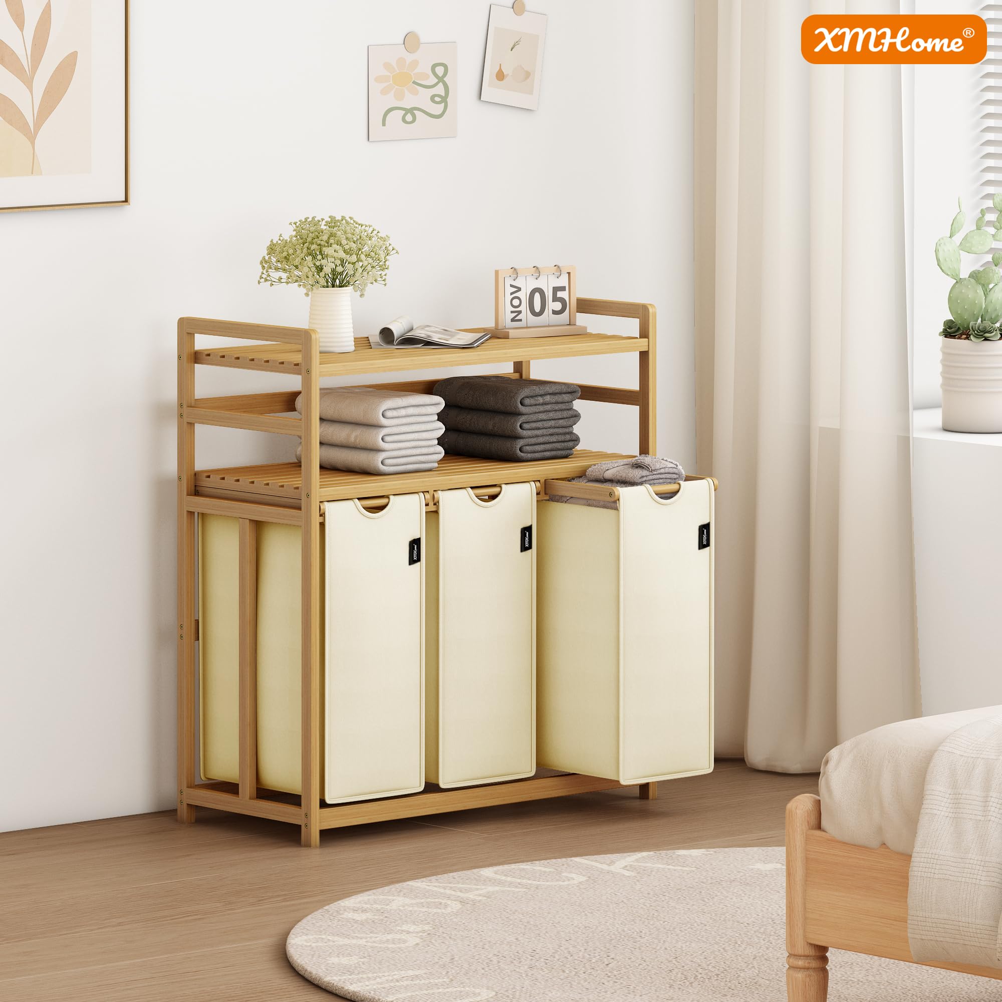 cesto para la ropa sucia con 3 compartimentos de 148 litros de bambú con 2 niveles Gran cesto de lavandería con bolsa extraíble rectangular Caja de lavandería para baño dormitorio y lavandería