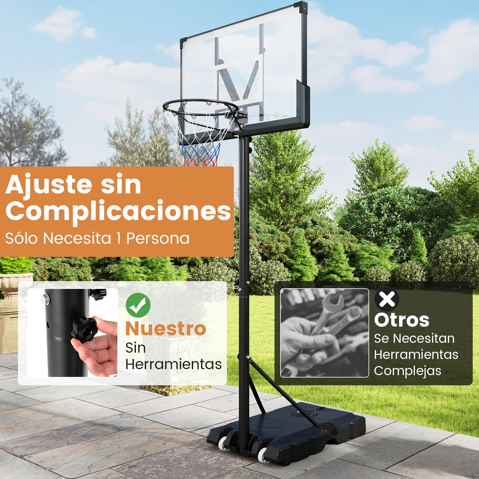 COSTWAY Canasta de Baloncesto, Altura Ajustable 165-305 cm, Canasta de Baloncesto con Base Rellenable, Red de Repuesto, Niños/Adolescentes/Adultos, Interiores Exteriores