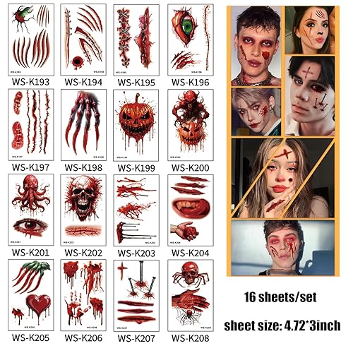 Miniatura 5 de Calcomanías de tatuaje de Halloween, cicatriz sangrienta, tatuajes temporales de Halloween, 16 hojas de tatuajes de calavera herida, decoración de