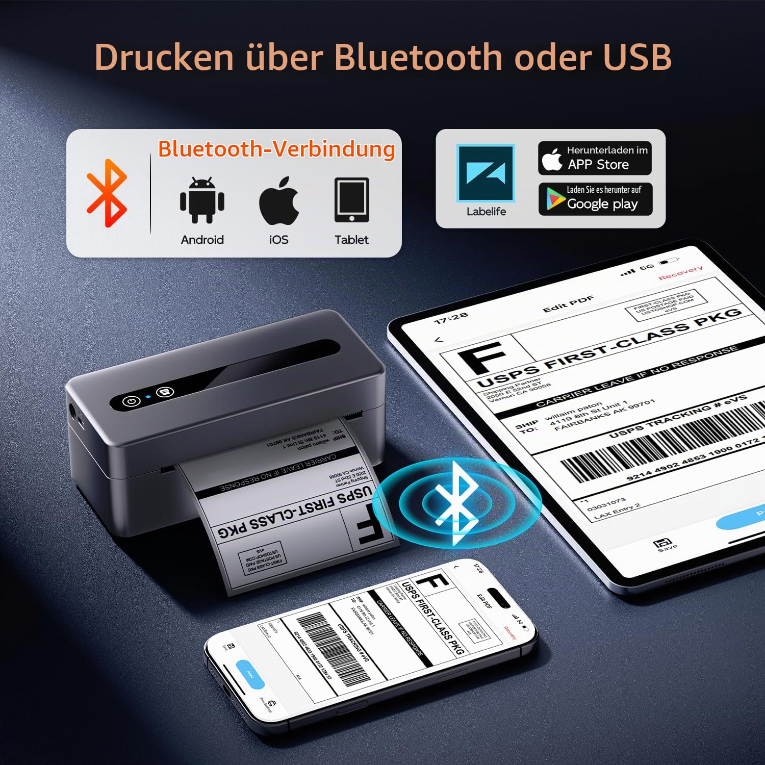 TATTMUSE DHL Etikettendrucker Bluetooth, Versandetiketten Drucker 4x6, Grau | Label Printer Unterstützt iOS, Android, Windows und Mac, Thermodrucker Labeldrucker Kompatibel mit Amazon, Vinted, DPD