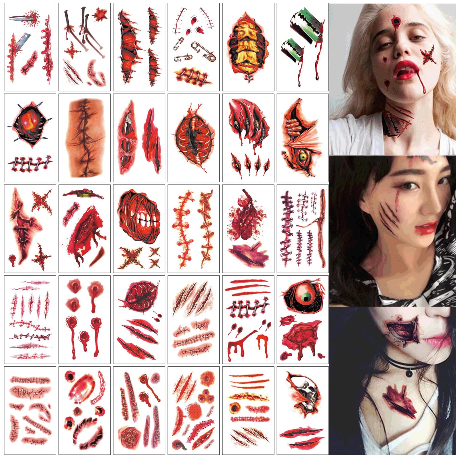 Nirbffo Halloween Temporary Tattoos Blade Eyeball Zombie Scars 3D Zombie Wounds Tattoos Bloody Costume Makeup Bleeding Fake Scar Wound Scab Stickers Tattoo for Halloween Cosplay Party 30 Sheets 10x6cm - Image 4