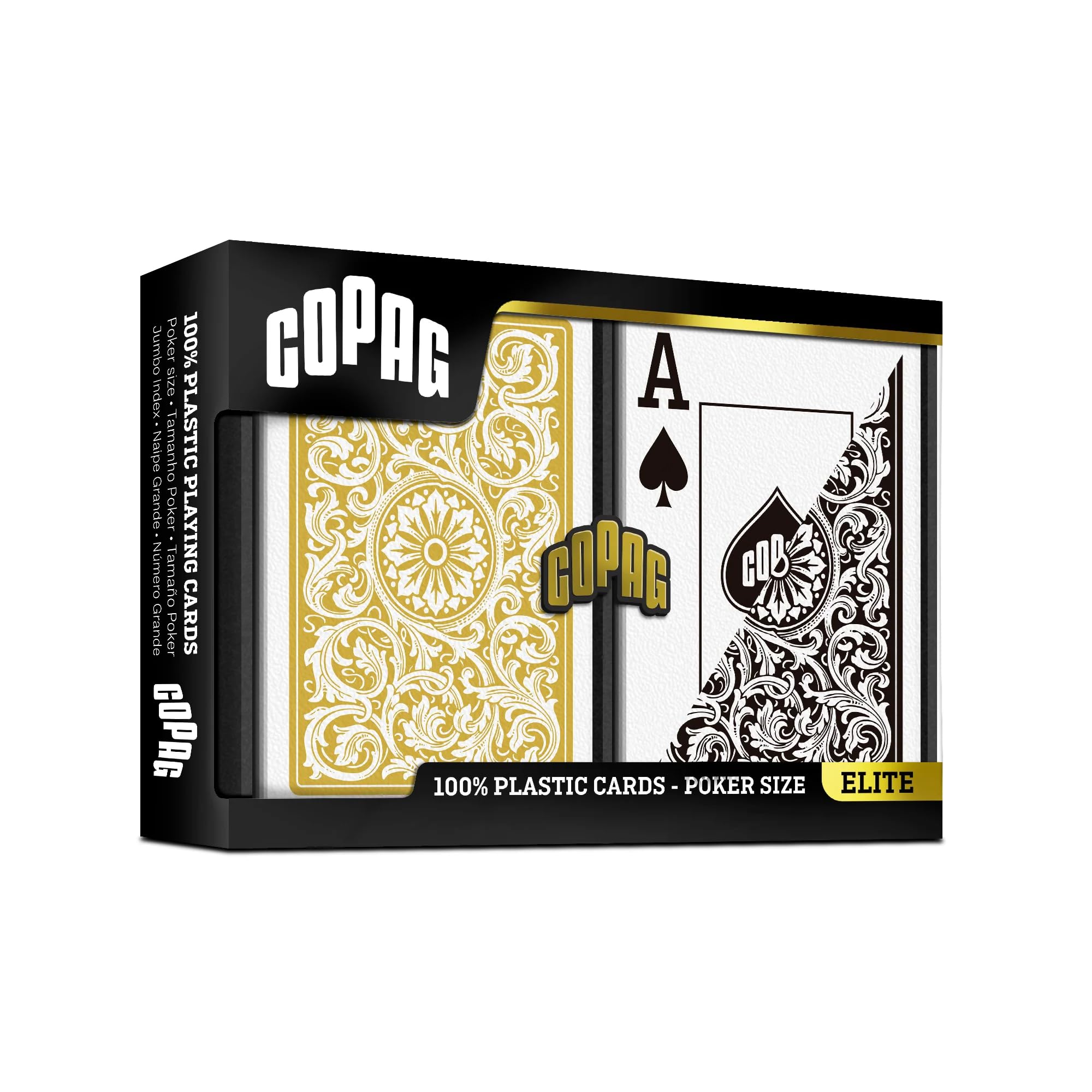 Copag Jumbo Face Playing Cards – 2‑Deck Set (Black/Gold) – Poker Size, 2‑Index, 100% PVC
