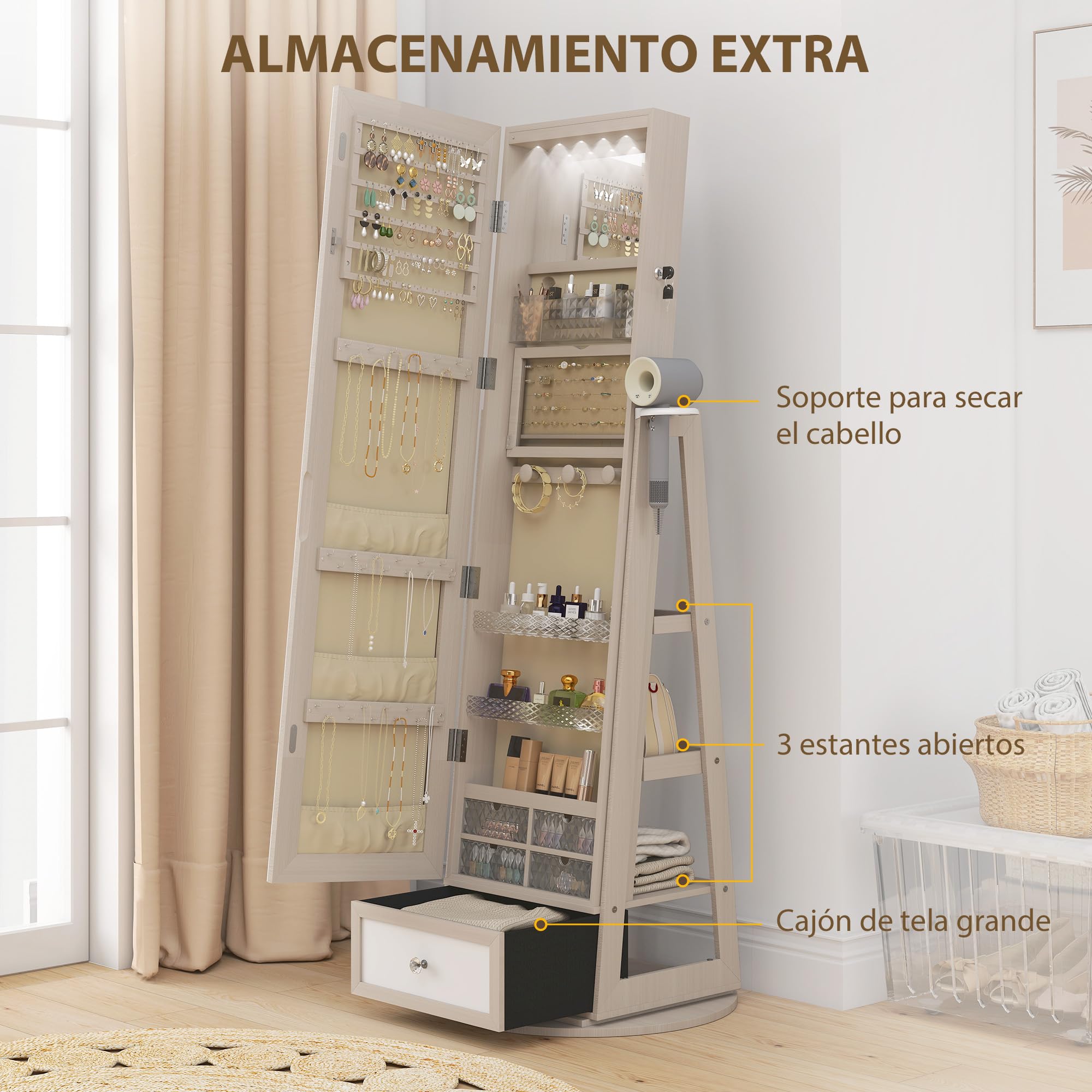 HOMCOM Miroir à bijoux avec éclairage LED, armoire à bijoux, armoire à bijoux avec miroir intégral, pivotant à 360°, tiroir, serrure, étagères ouvertes, support pour sèche-cheveux, naturel
