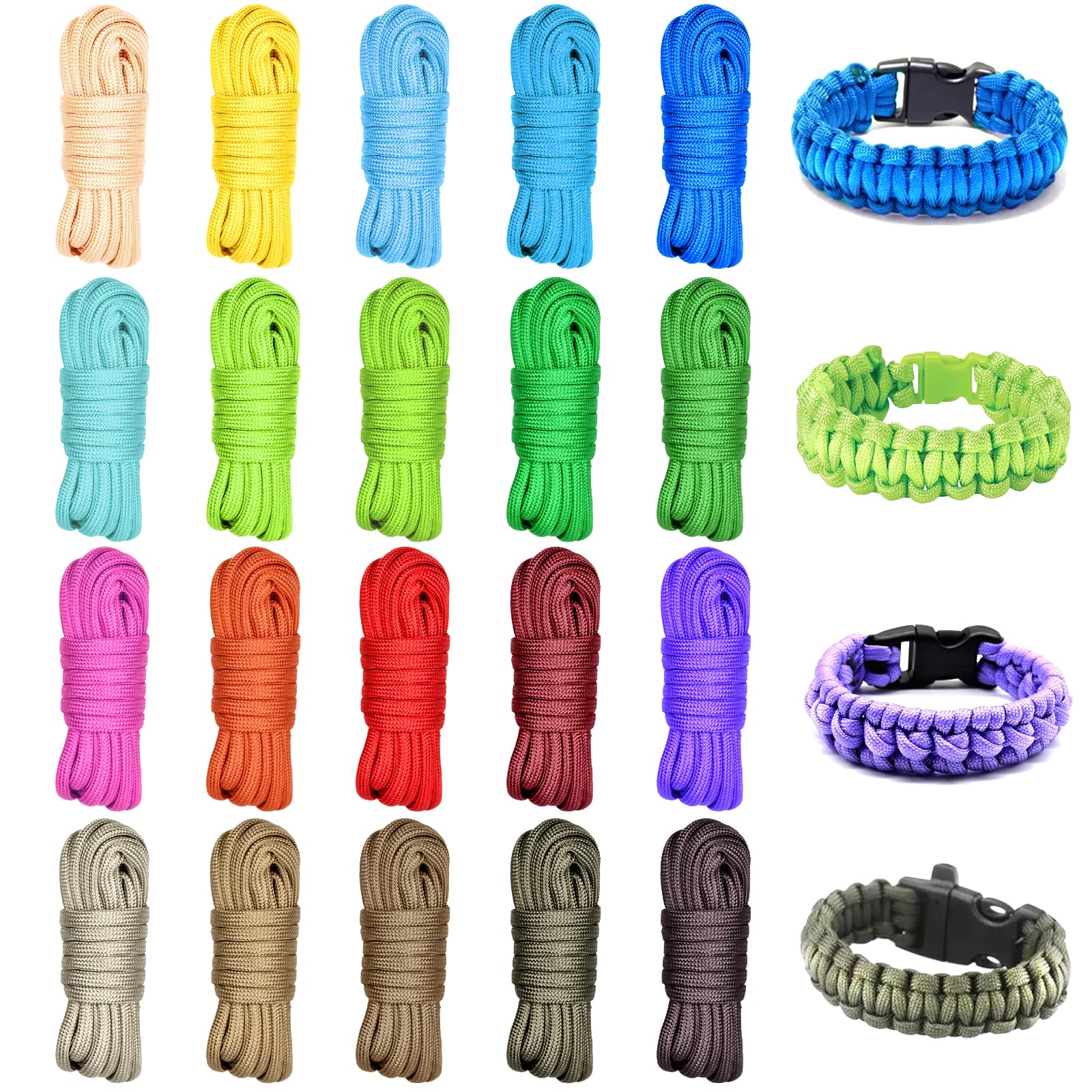 FICOFISE 20PCS Couleurs Paracorde， 9.8ft/3 Mètres Multicolore Paracorde 4 mm, 7 Brins en Corde Nylon, pour Bracelet DIY, Camping en Plein air, lanière et Accessoires de animaux compagnie