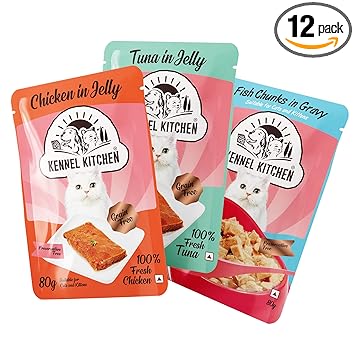 Kennel Kitchen Premium Wet Food for Adult Cats and Kittens Variety Pack | Chicken in Jelly | Tuna in Jelly | Fish Chunks in Gravy 80g (Pack of 12)