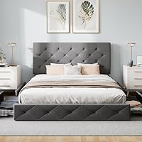 Vista 103 de WEEWAY Base de cama de plataforma de tamaño matrimonial con 4 cajones de almacenamiento, cabecera capitonada con botones de costura de diamante