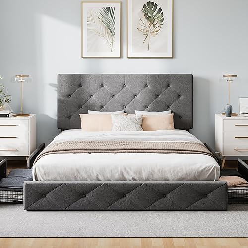 Miniatura 3 de WEEWAY Base de cama Queen con 4 cajones, plataforma tamaño Queen con cabecera capitoné con botón de costura de diamante, marco de cama tamaño Queen