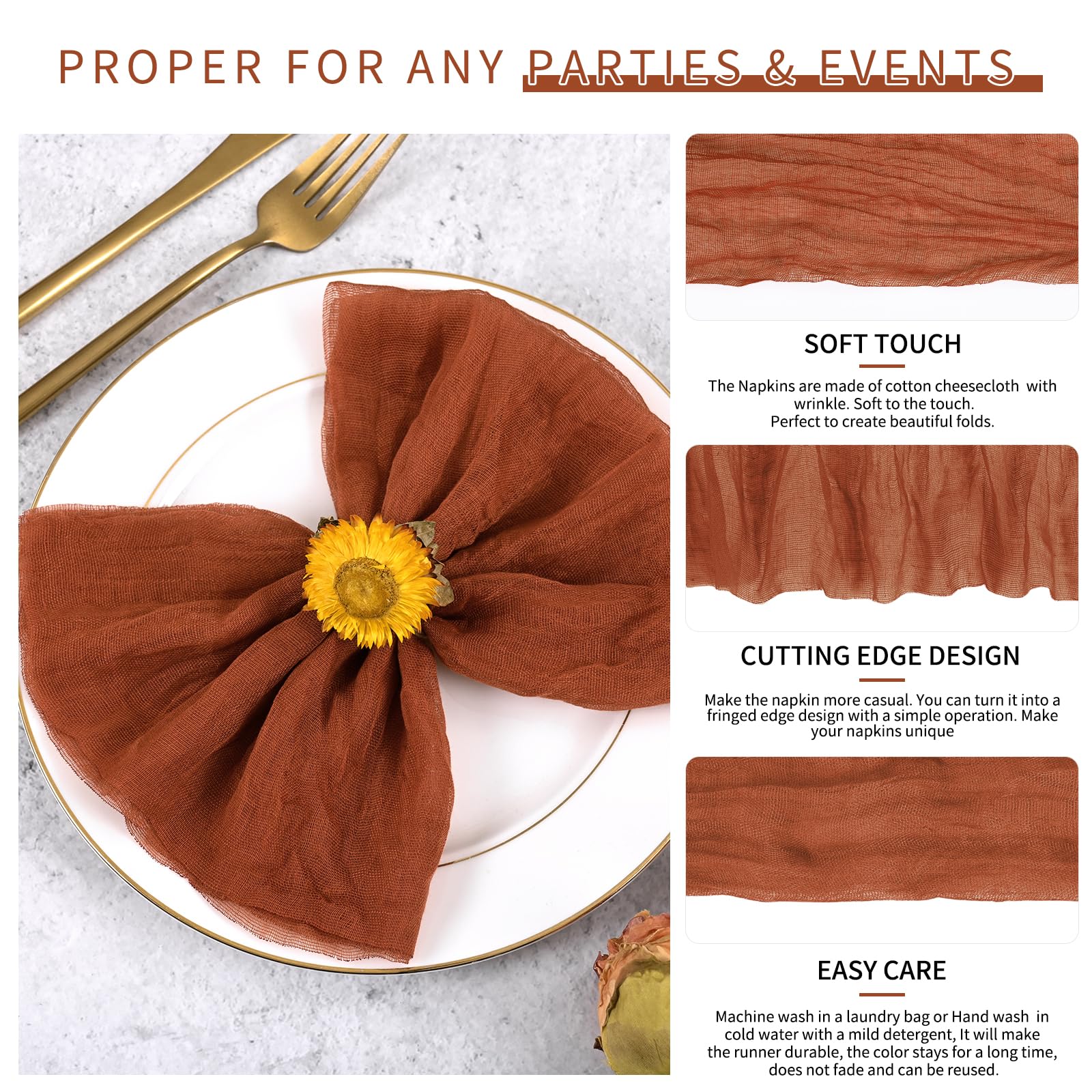 100 Serviettes en Tissu Terre Cuite pour dîner – Serviettes en Mousseline pour Mariage, froissées, lot pour fêtes Maison, déco Table Rustique, 43 x 43 cm